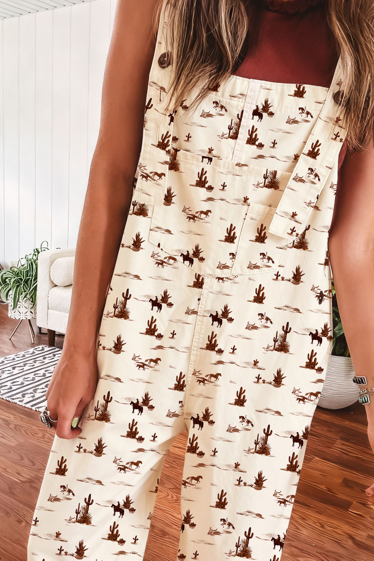 Beige Western Printed Button Adjustable Straps Loose Jumpsuit Dungarees view 2