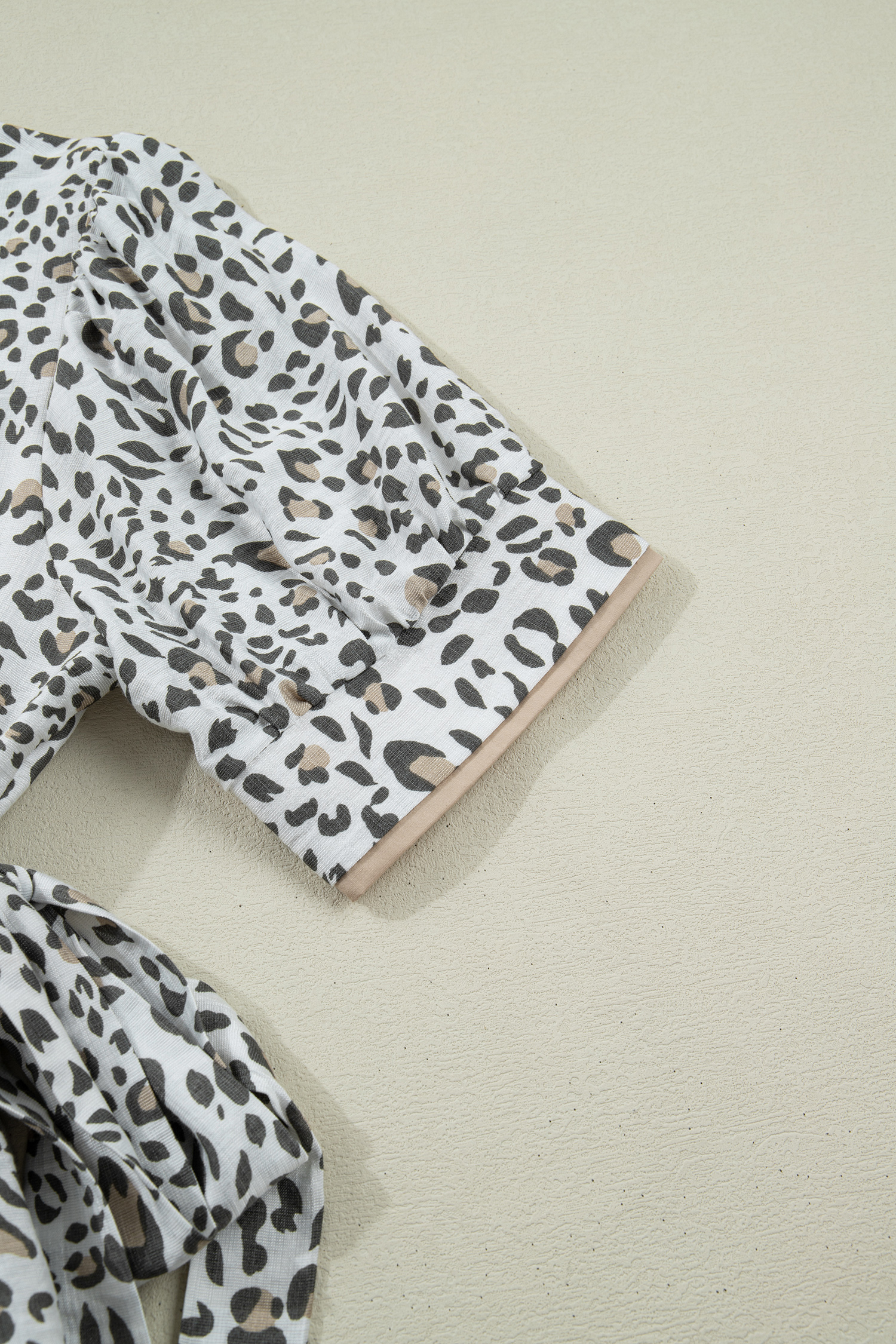White Leopard Contrast Trim Button Front Short Puff Sleeve Long Dress view 18