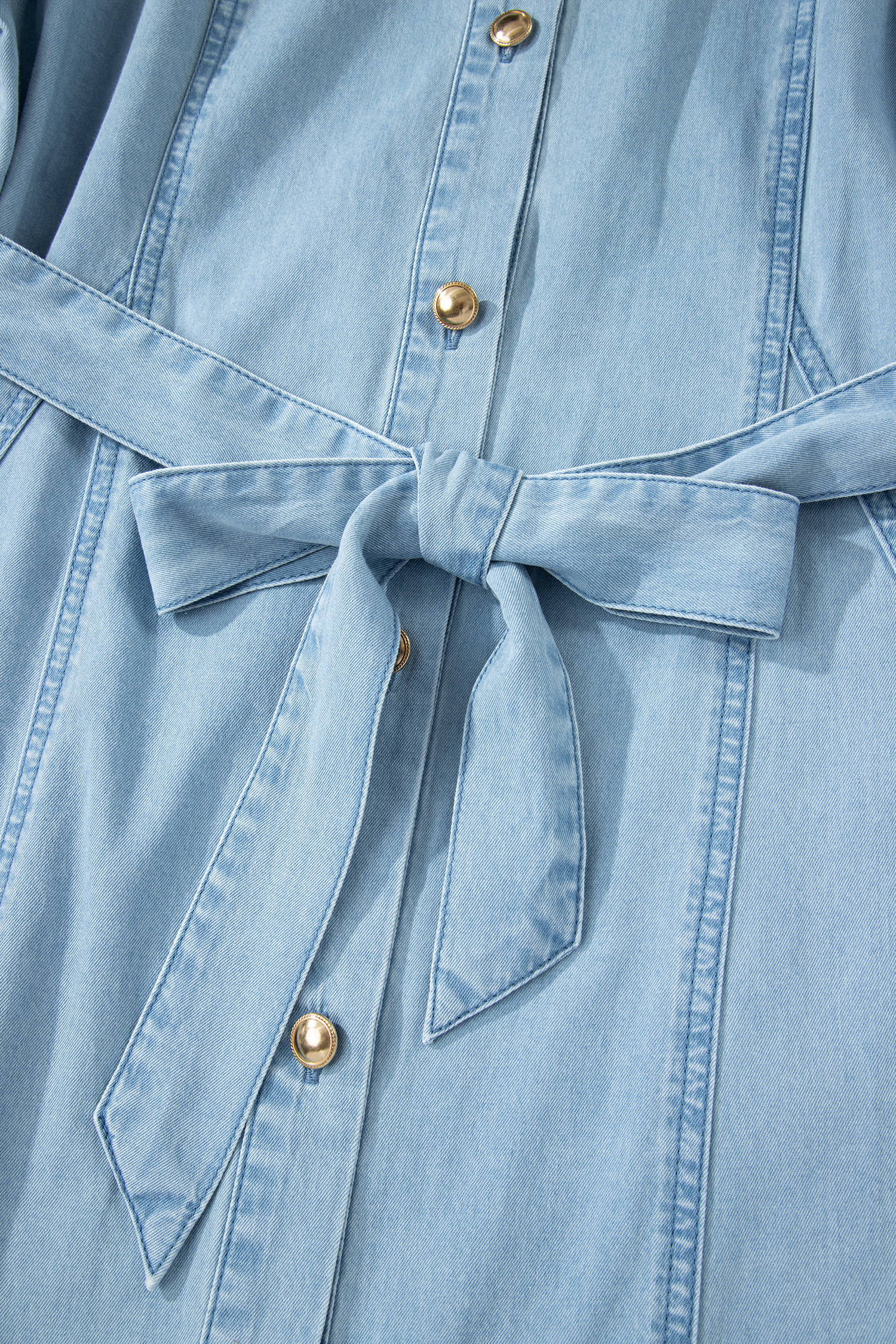 Beau Blue Full Buttons Collared Short Bubble Sleeve Long Denim Dress view 15