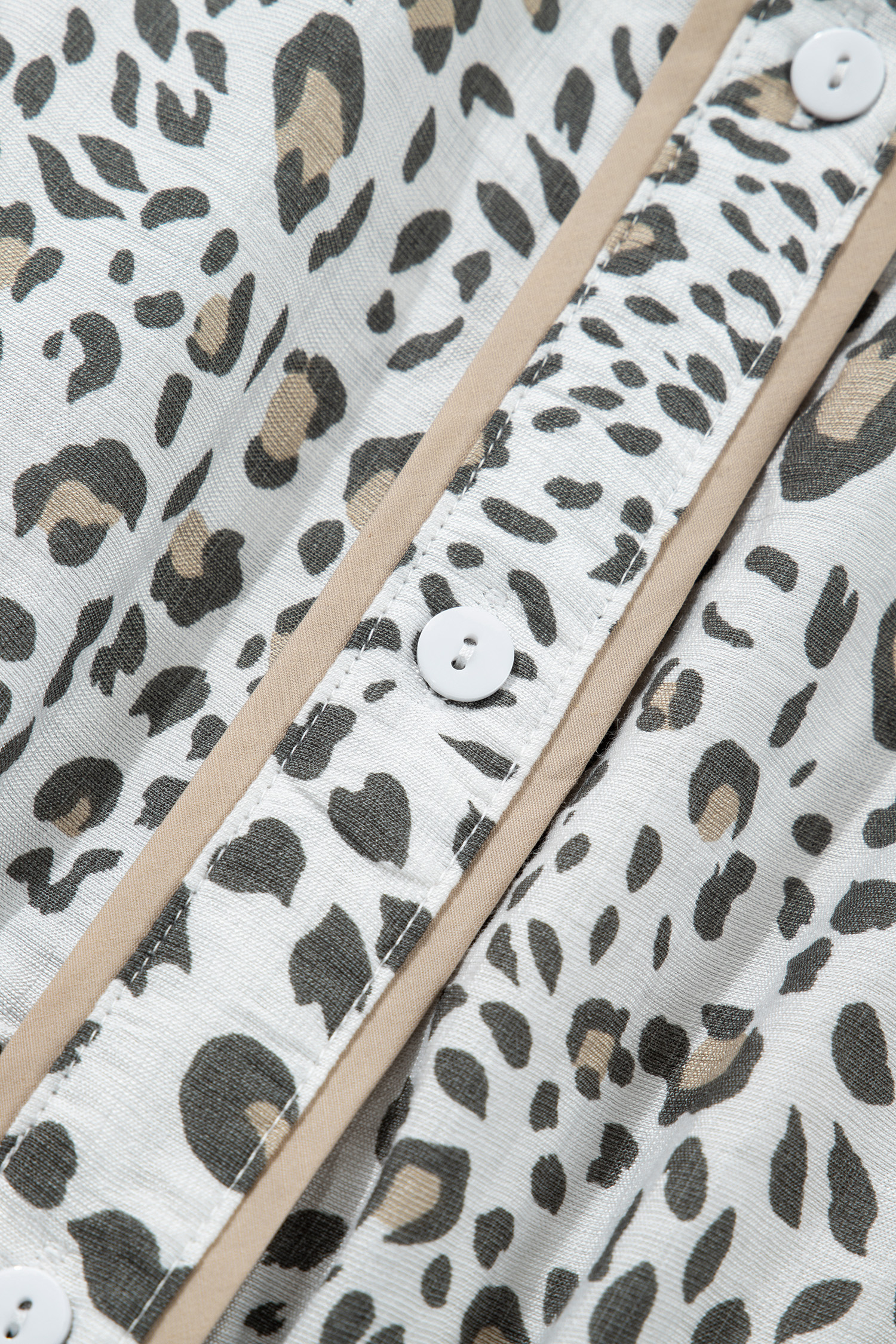 White Leopard Contrast Trim Button Front Short Puff Sleeve Long Dress view 17