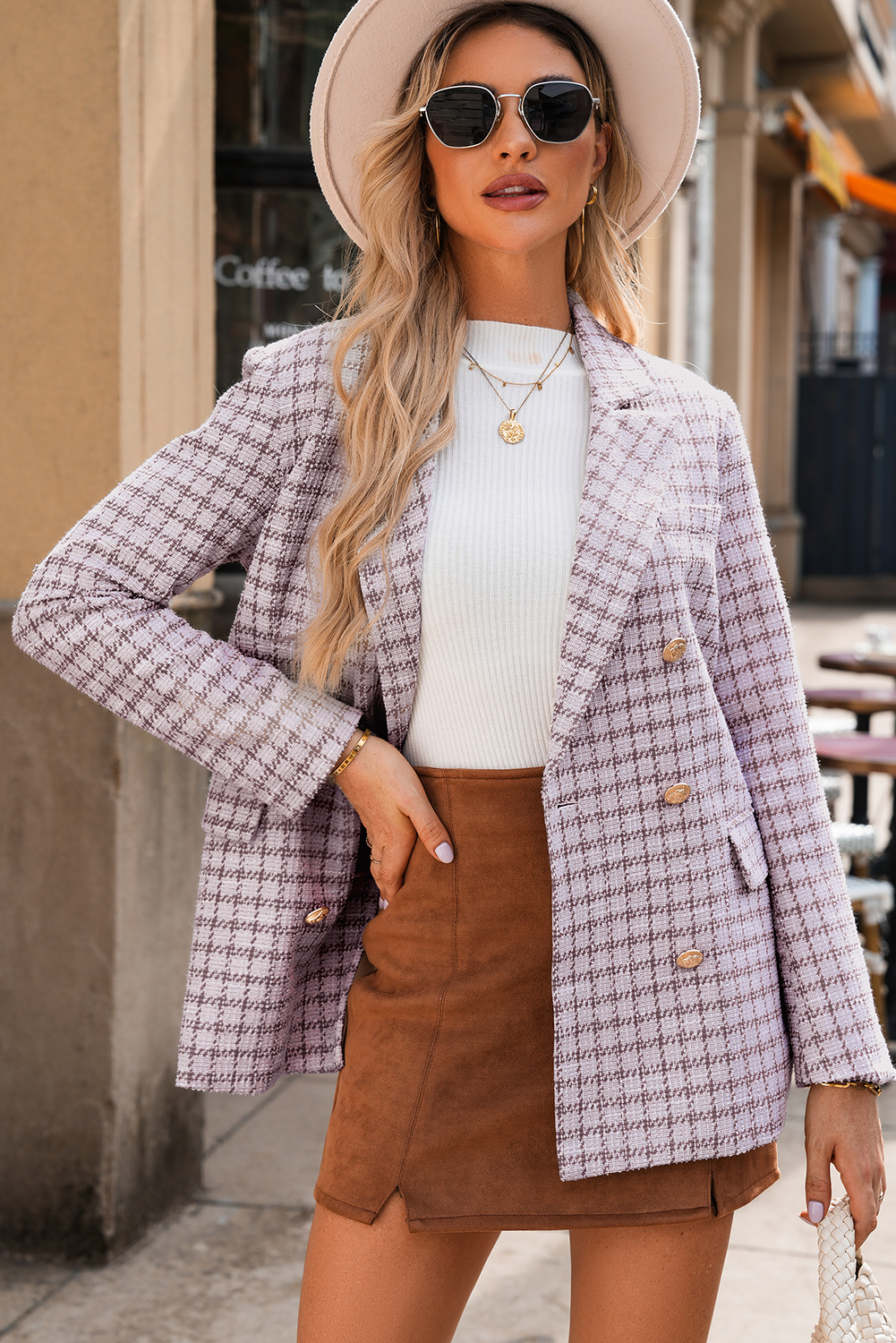Burgundy Elegant Tweed Plaid Blazer view 8