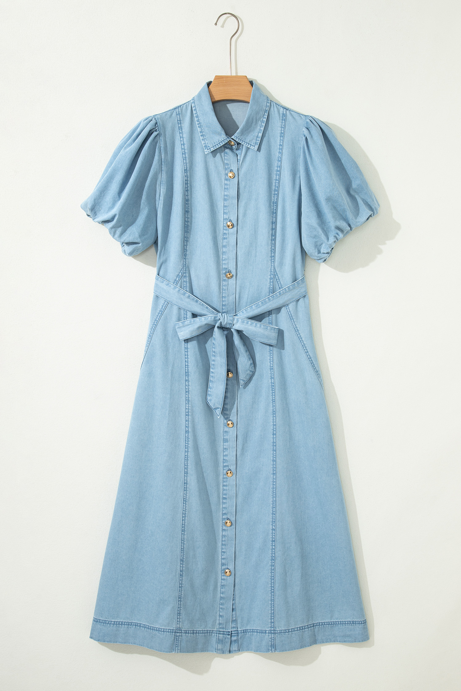 Beau Blue Full Buttons Collared Short Bubble Sleeve Long Denim Dress view 11