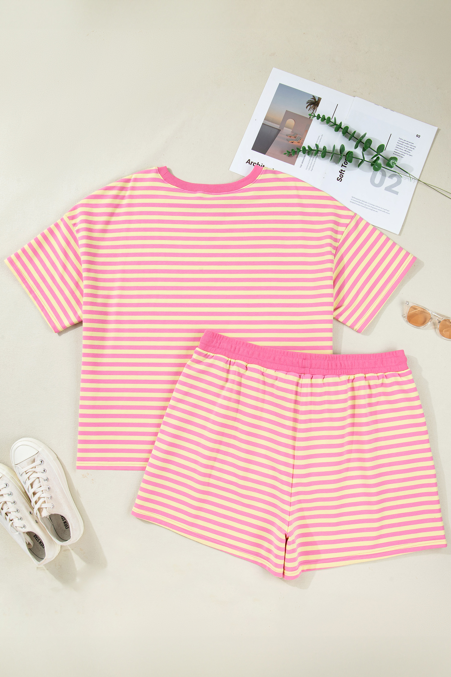 Rose Stripe Boxy Tee Drawstring Elastic Waist Plus Size Short Set