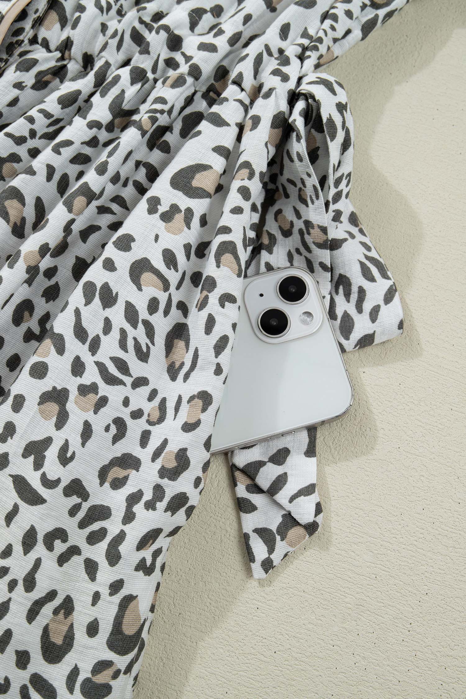 White Leopard Contrast Trim Button Front Short Puff Sleeve Long Dress view 20
