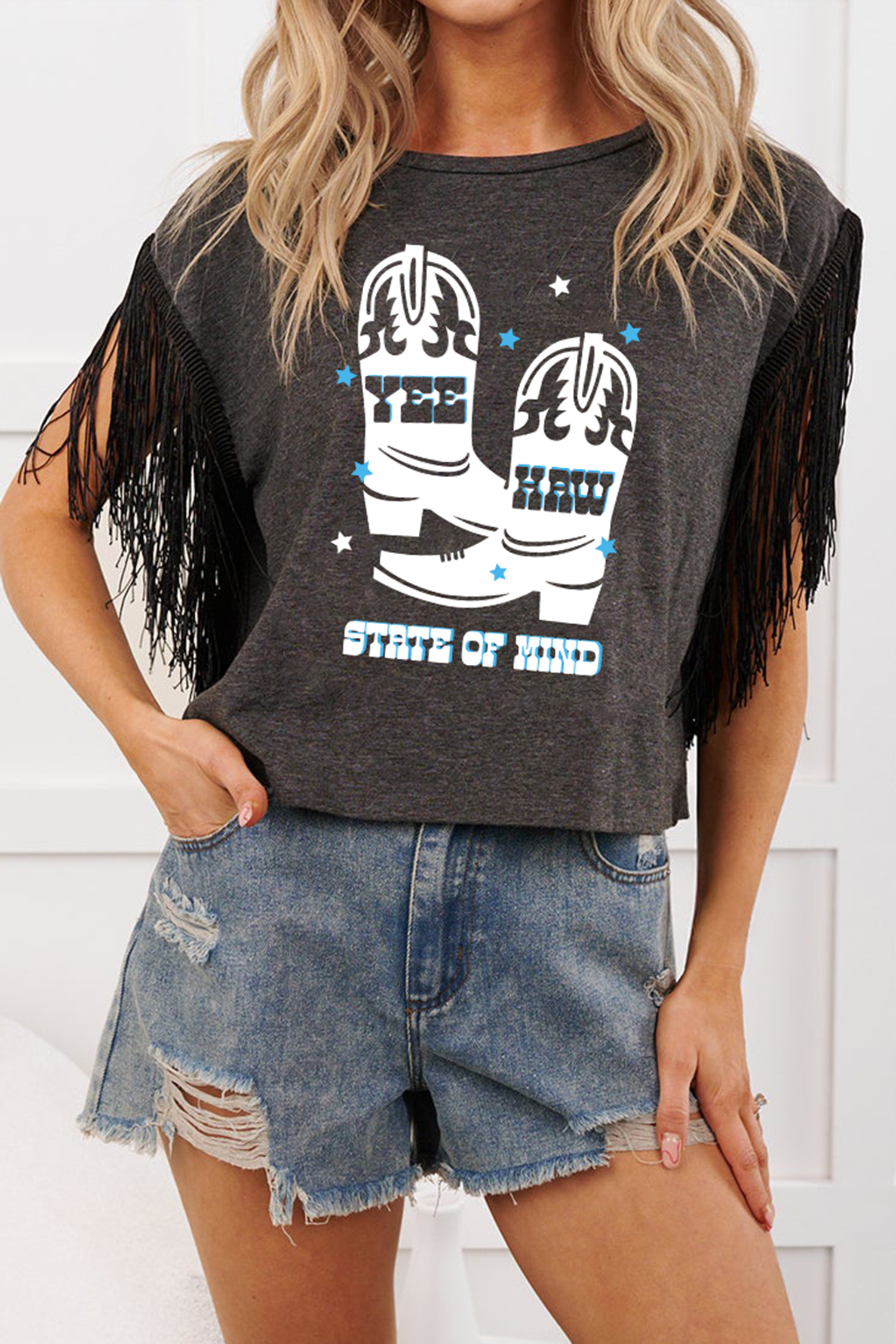 Carbon Grey YEE HAW Boots STATE OF MIND Fringed Sleeve Tee view 5
