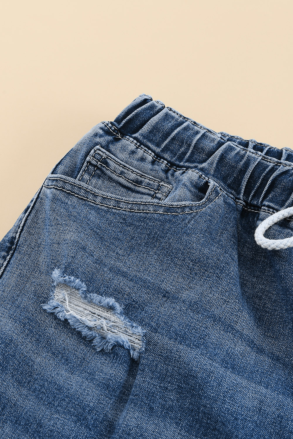 Dark Blue Elastic Waist Straight Leg Destroyed Raw Hem Jeans view 17