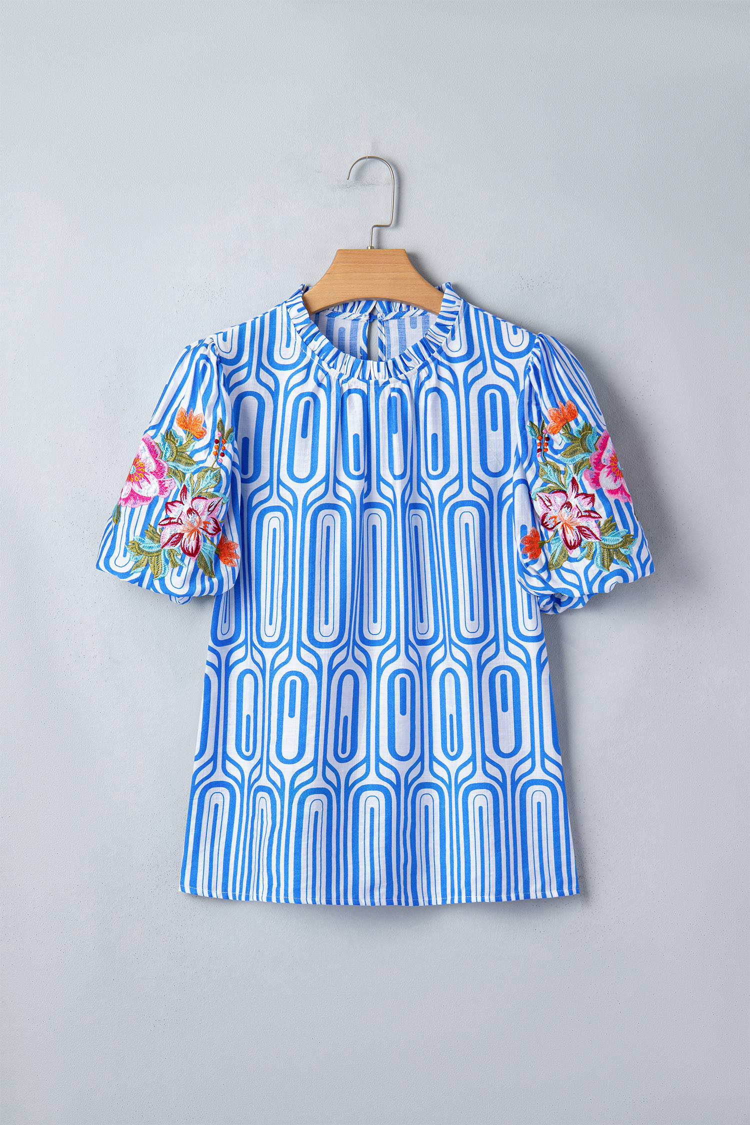 Sky Blue Unique Geometry Print Floral Embroidered Puff Sleeve Blouse view 16