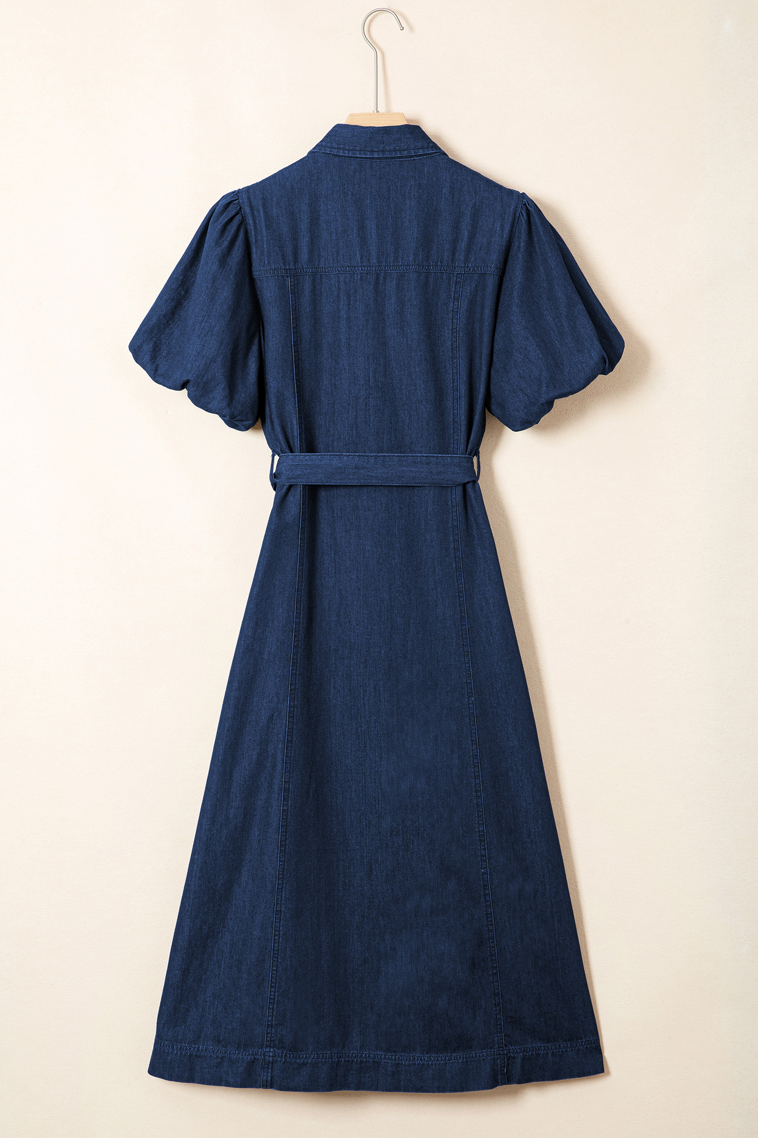 Sail Blue Full Buttons Collared Short Bubble Sleeve Long Denim Dress view 10