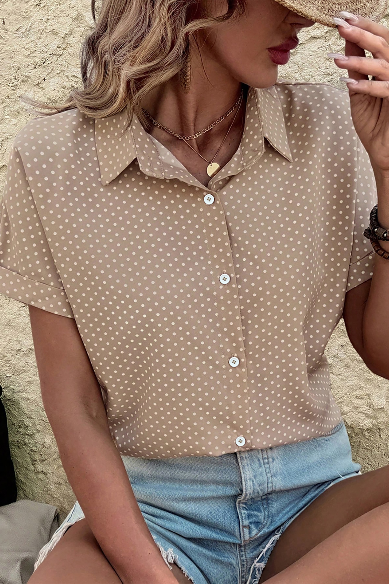 Khaki Dotted Print Cuffed Short Sleeve Shirt view 11