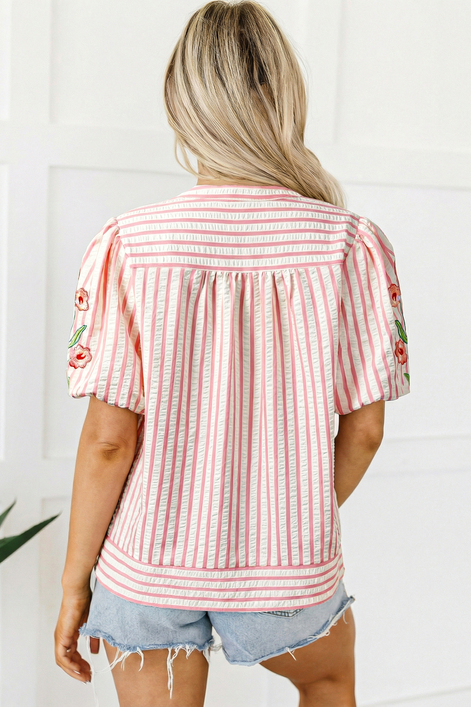 Pink Stripe Print Floral Embroidered Puff Sleeve V Neck Blouse view 2