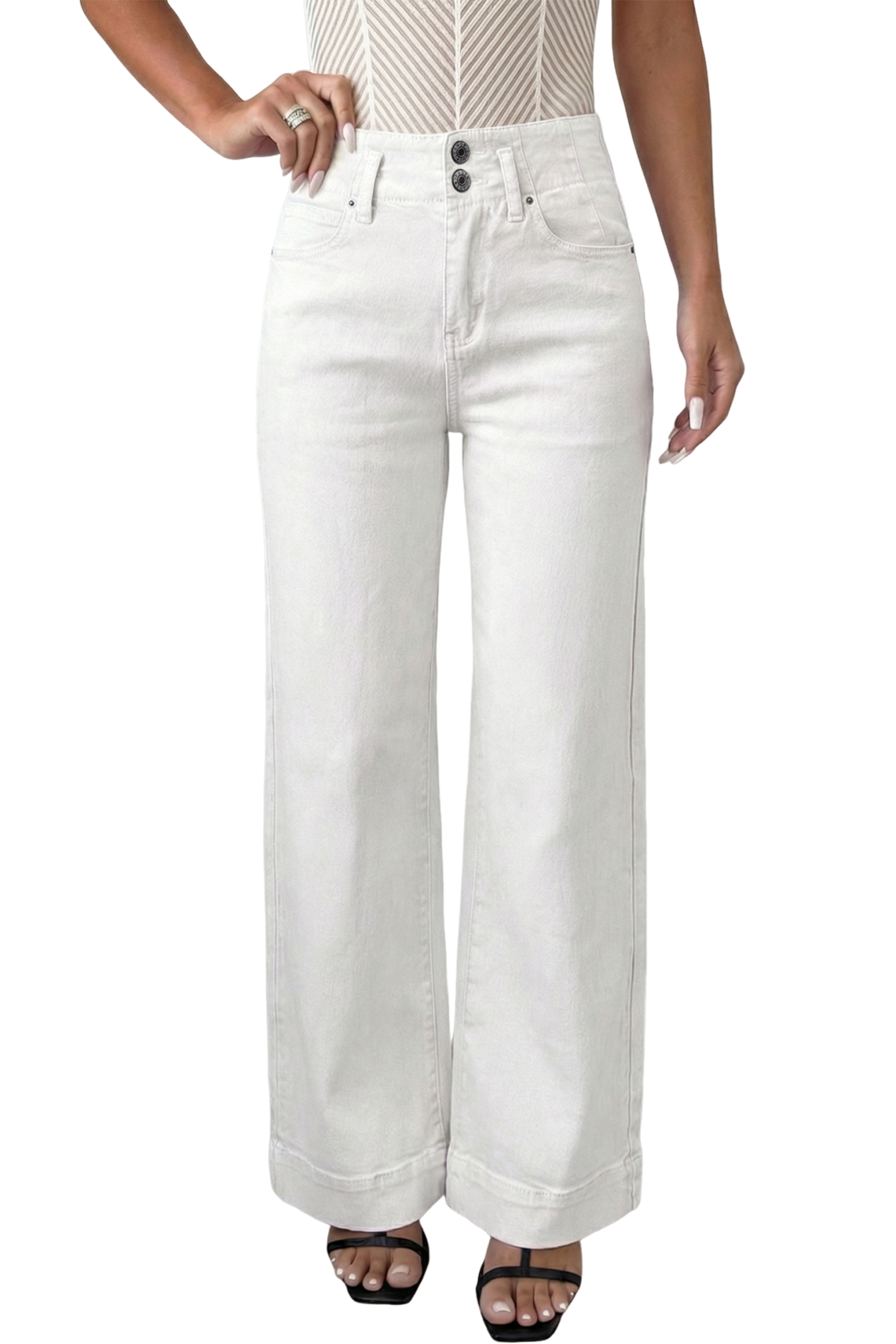 White 2-Button High Waist Wide Leg Jeans view 18