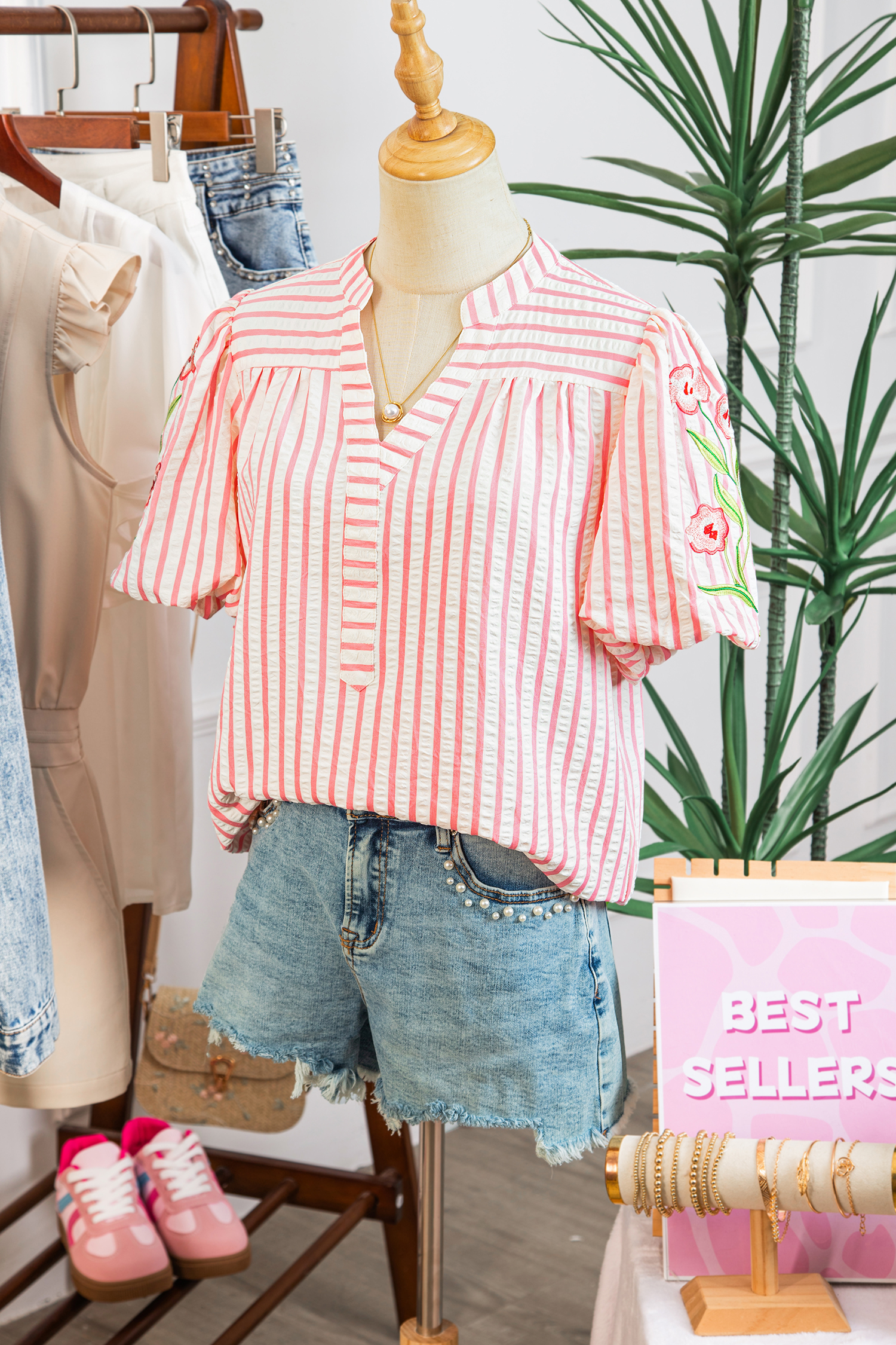 Pink Stripe Print Floral Embroidered Puff Sleeve V Neck Blouse view 8