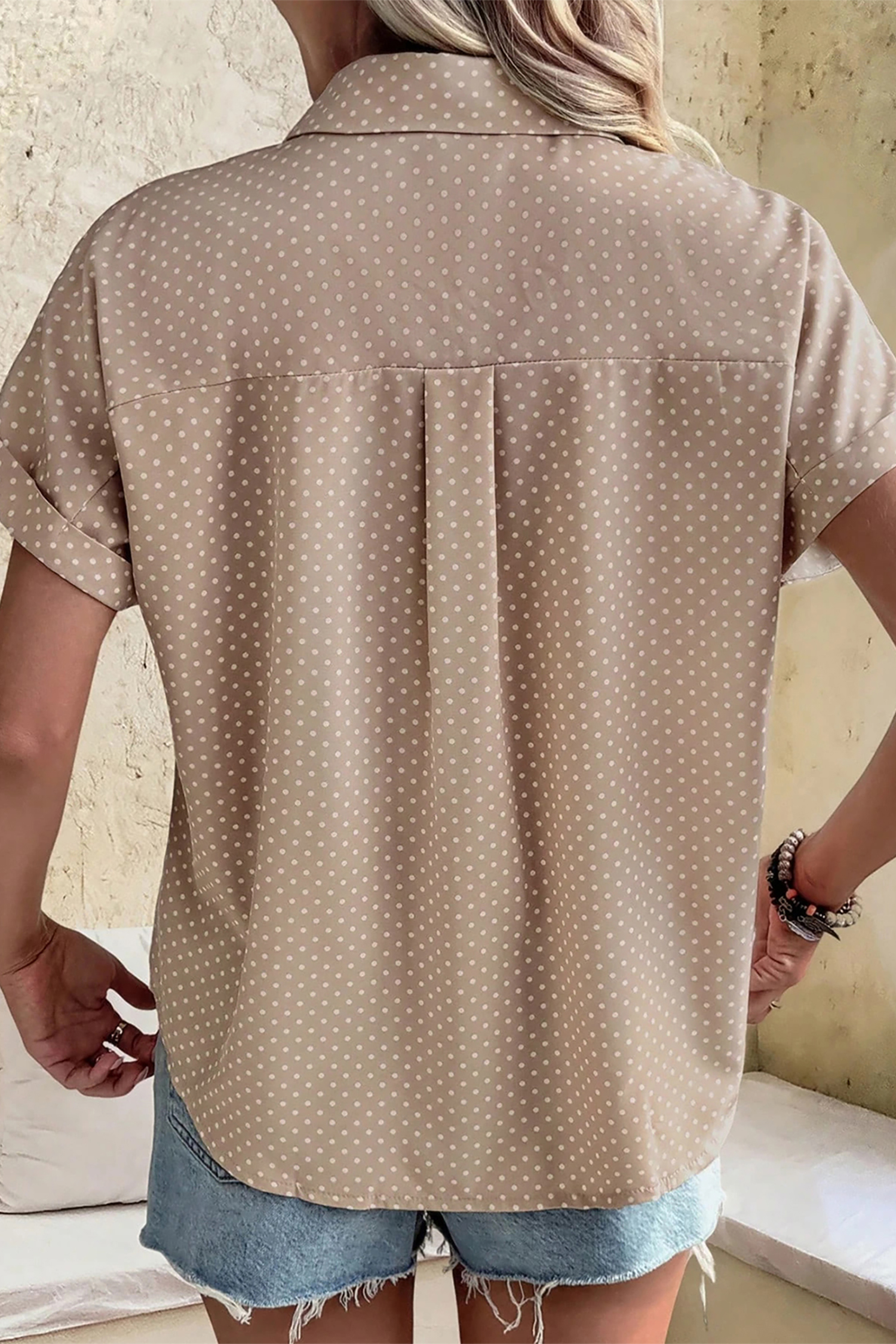 Khaki Dotted Print Cuffed Short Sleeve Shirt view 10