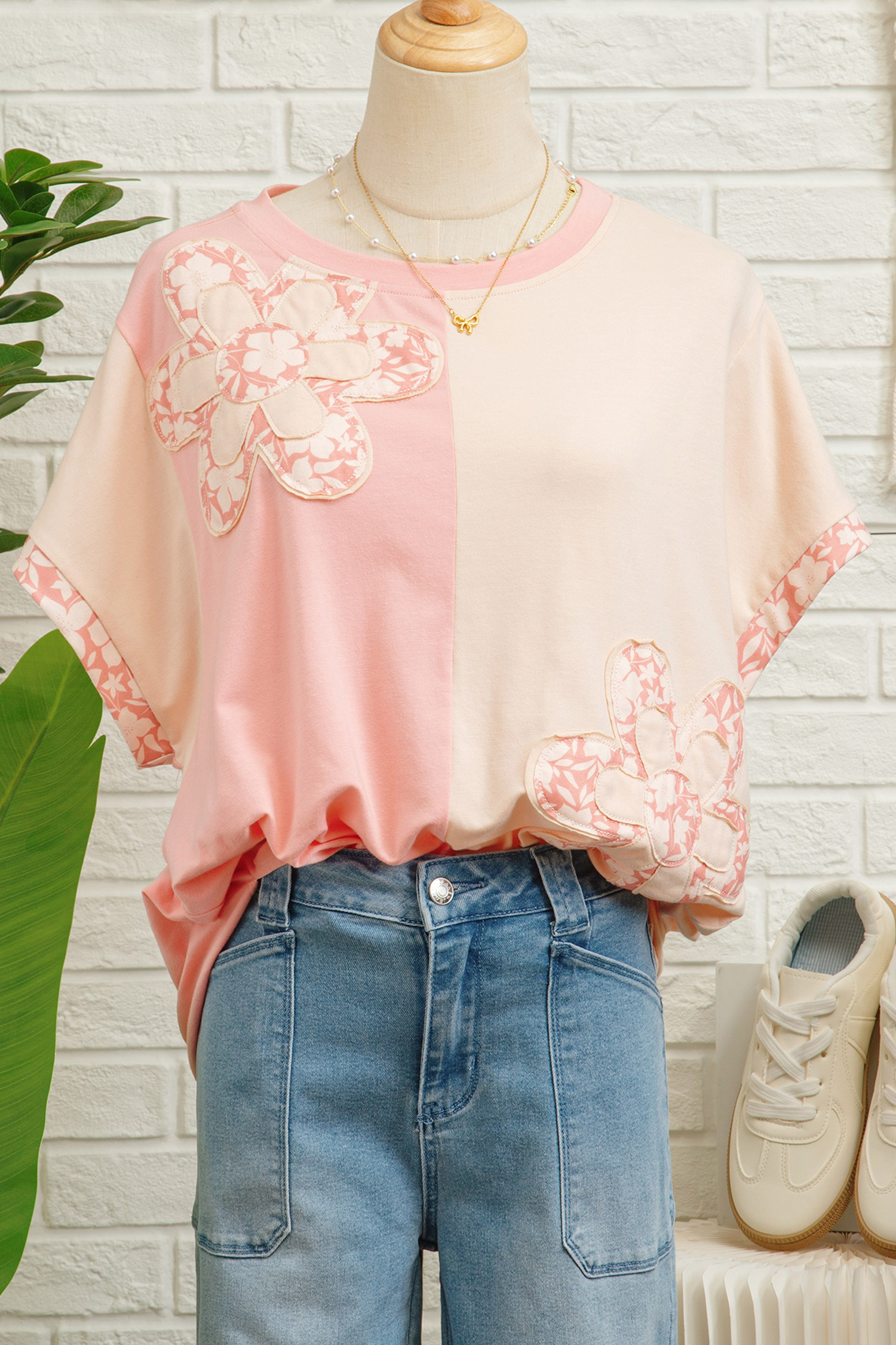 Apricot Color Block Flower Patched Loose T Shirt view 15