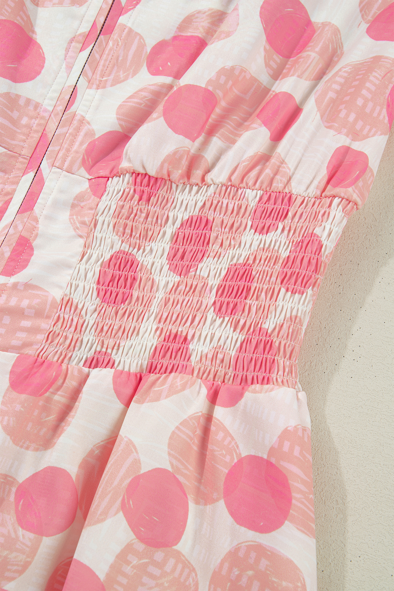 Pink Polka Dot Printed Ruffle Short Sleeve Zip Up Long Dress