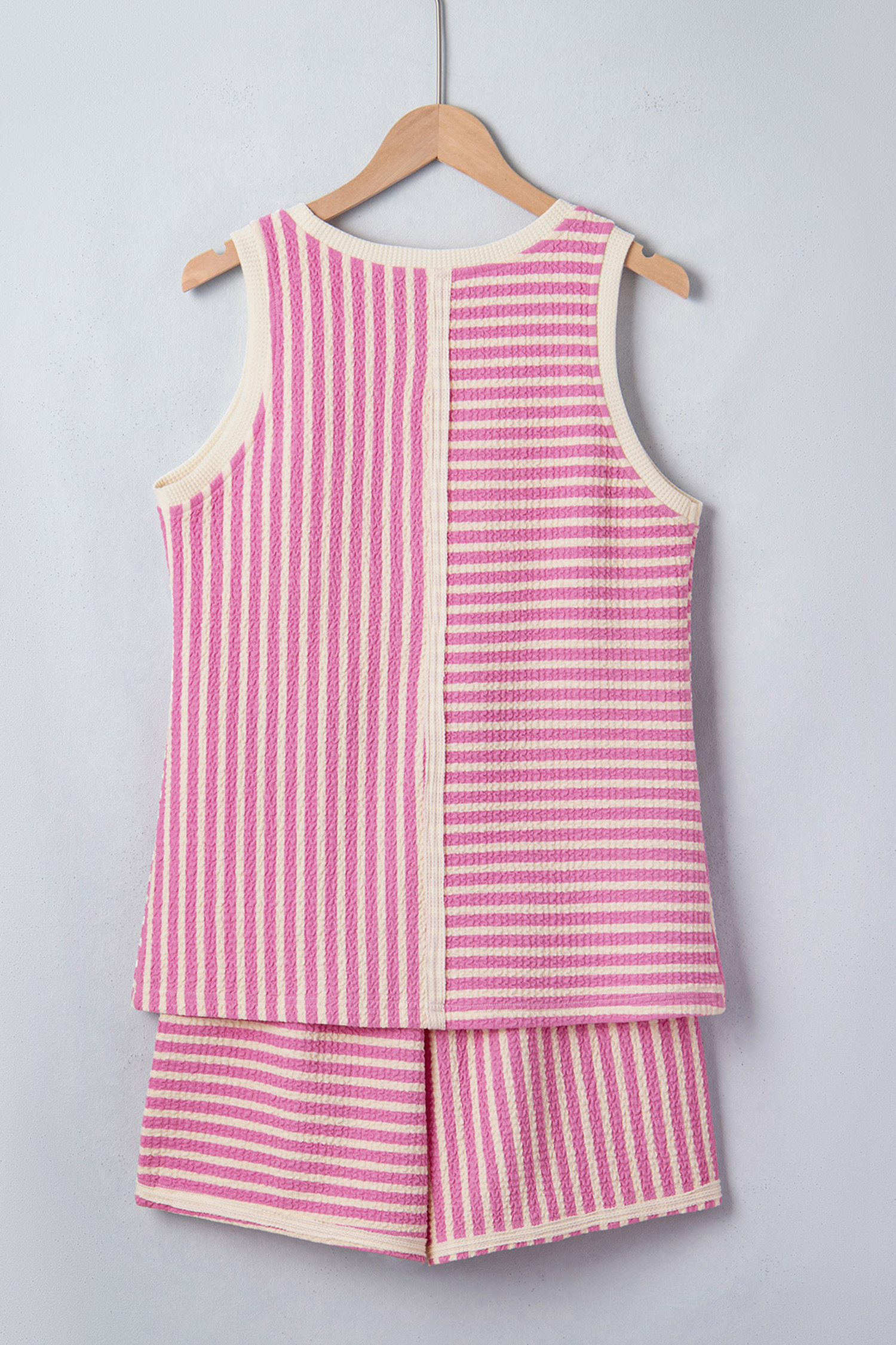 Pink Stripe Textured Contrast Trim Casual Tank and Shorts Set view 10