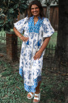 Sky Blue Boho Abstract Print Contrast Trim V Neck Tassel Tie Dress