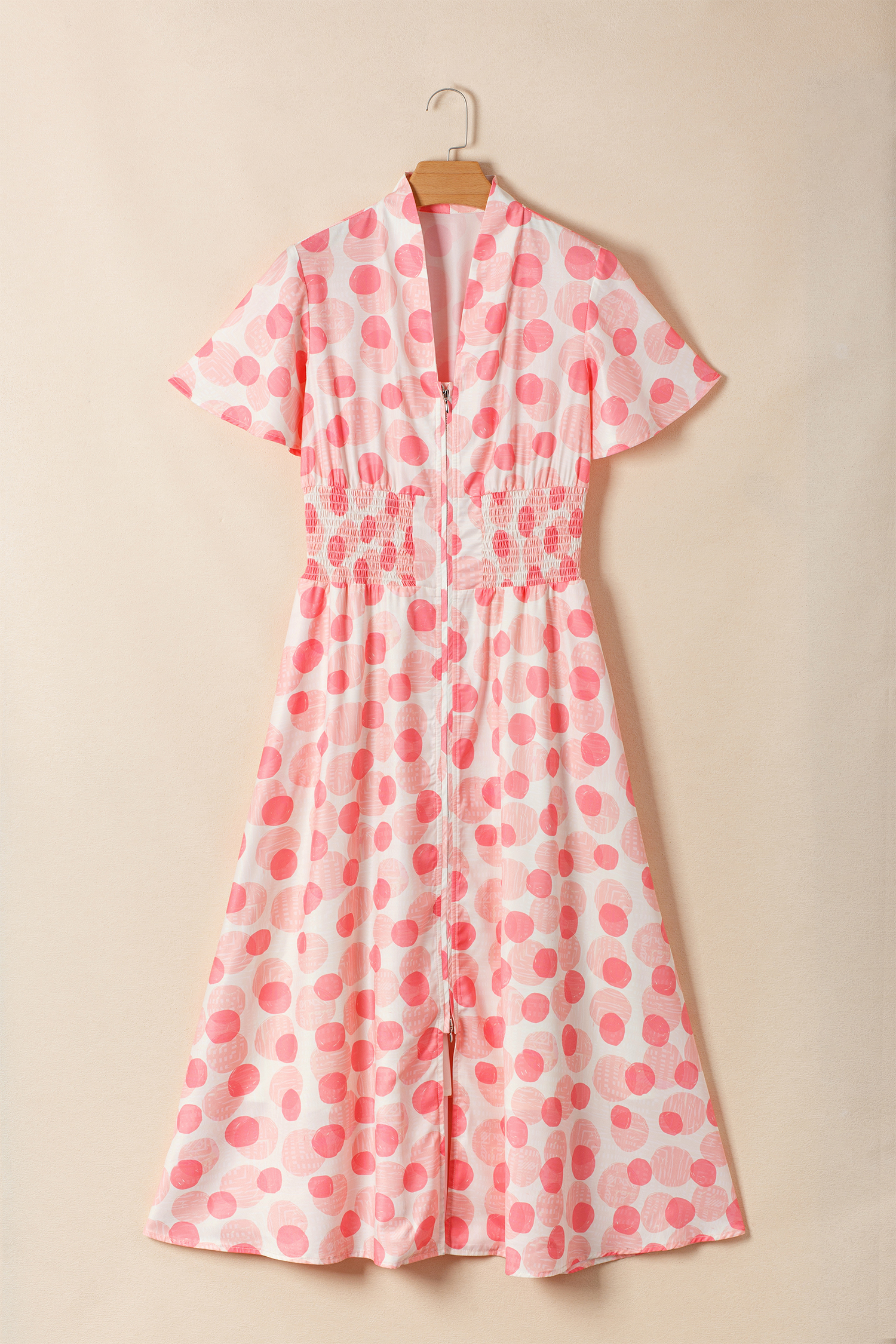 Pink Polka Dot Printed Ruffle Short Sleeve Zip Up Long Dress