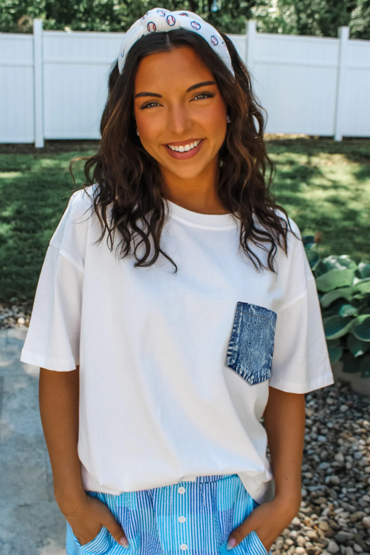 White Color Block Chest Pocket Patched Casual Short Sleeve Top view 3