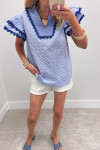Beau Blue Eyelet Embroidered Flower Texture Contrast Lace Trim Flutter Sleeve Blouse