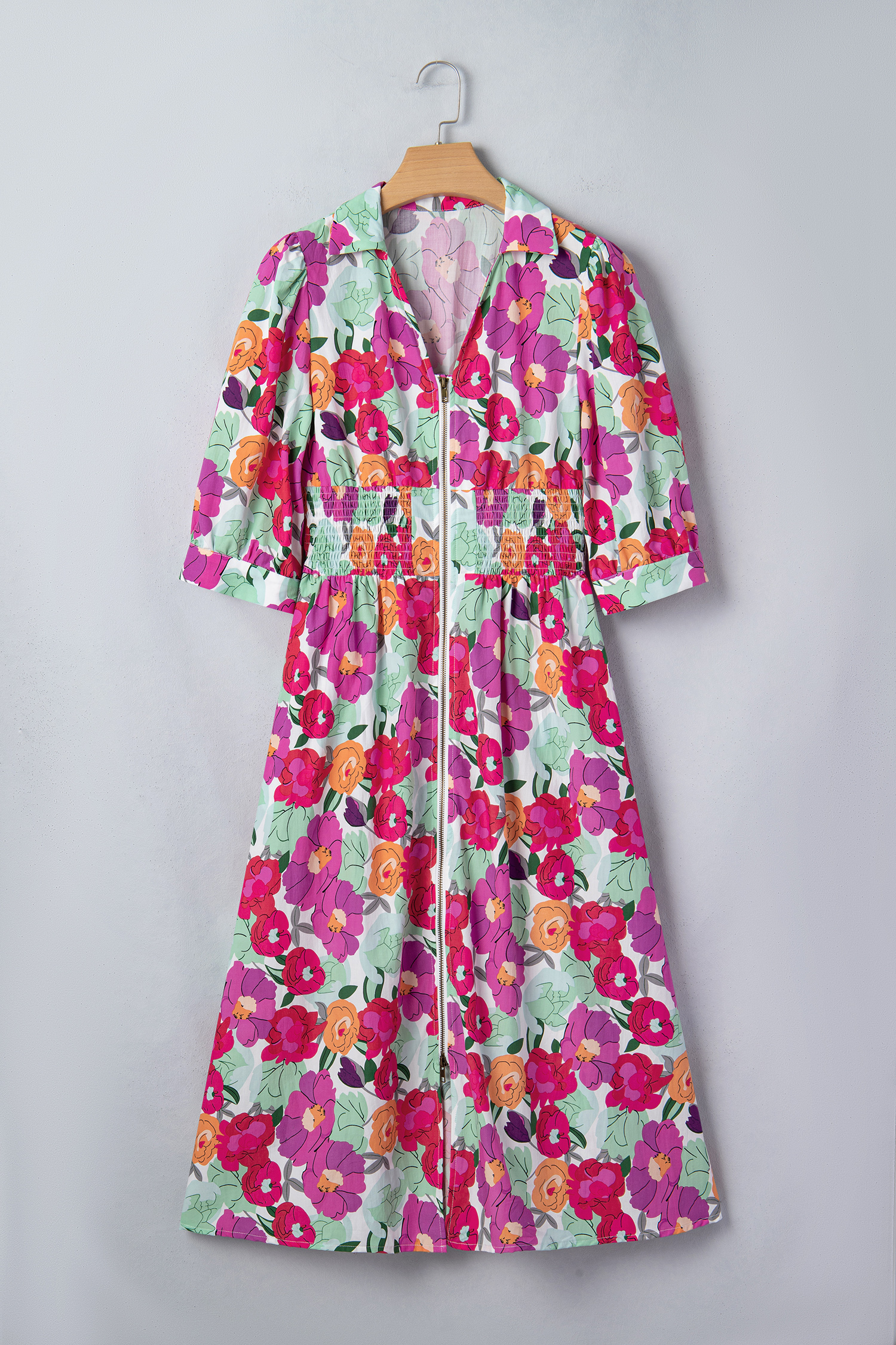 Rose Vibrant Floral Print V Neck Zip Up Puffy Half Sleeve Dress view 14