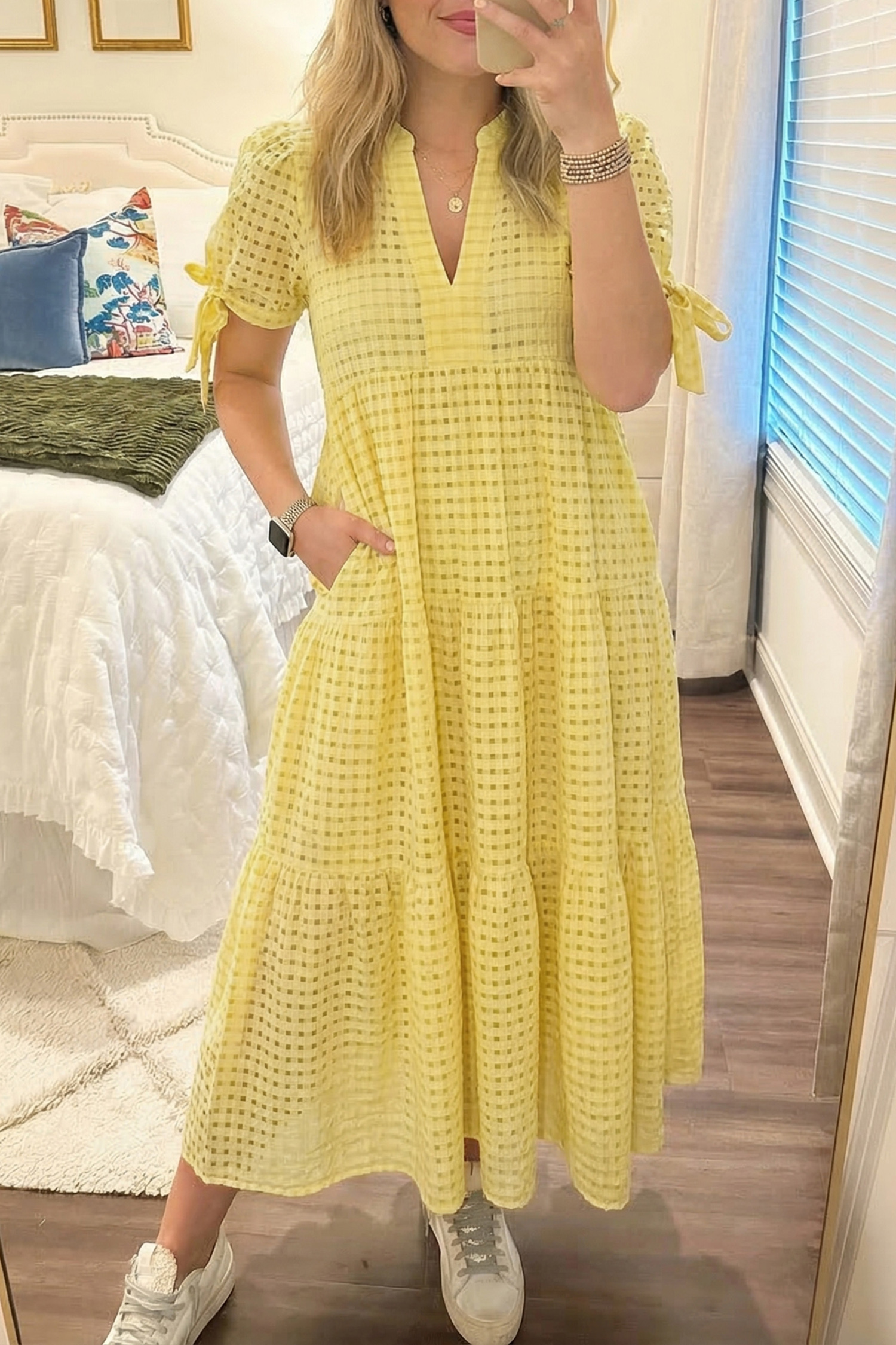 Yellow Gingham Textured Bow Tie Short Sleeve Tiered Midi Dress view 7