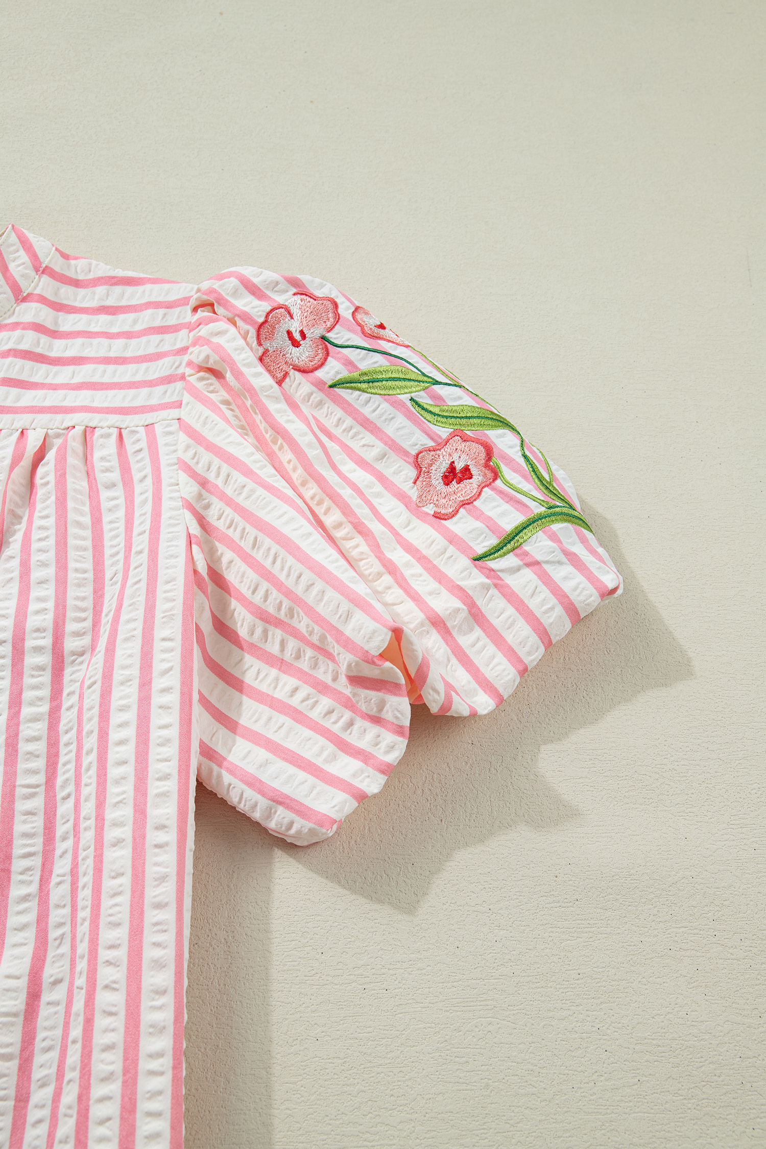 Pink Stripe Print Floral Embroidered Puff Sleeve V Neck Blouse view 17