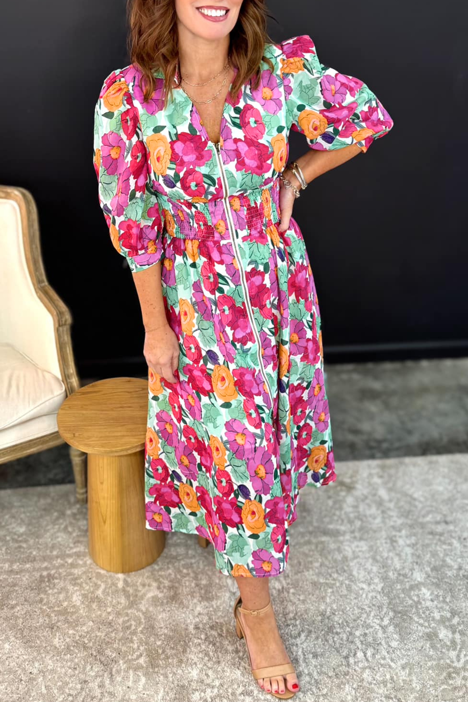 Rose Vibrant Floral Print V Neck Zip Up Puffy Half Sleeve Dress view 9