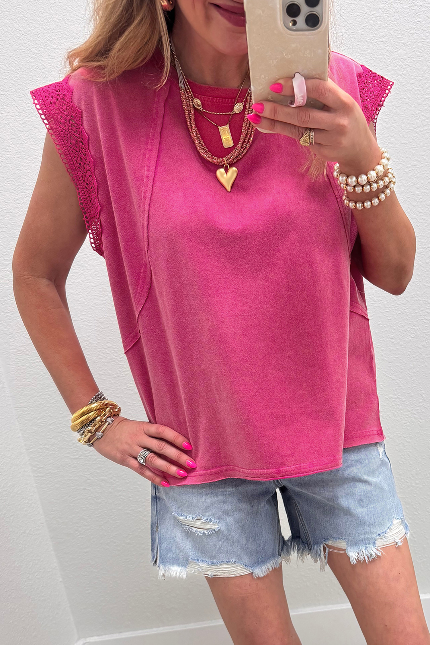 Pink Mineral Wash Raw Seam Detail Lace Trim Cap Sleeve Top view 11