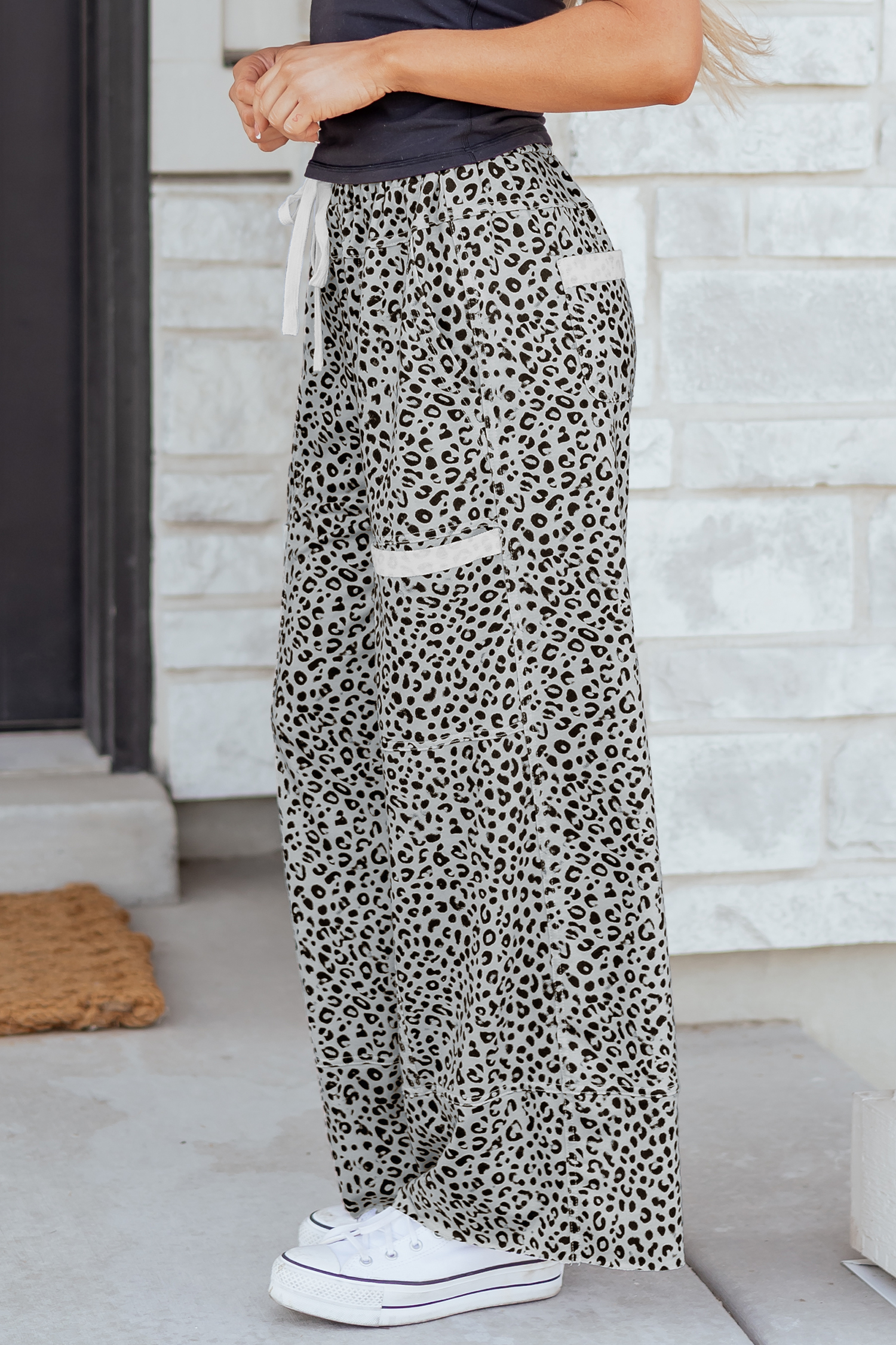 Gray Animal Print Wide Leg Terry Knit Pants view 3