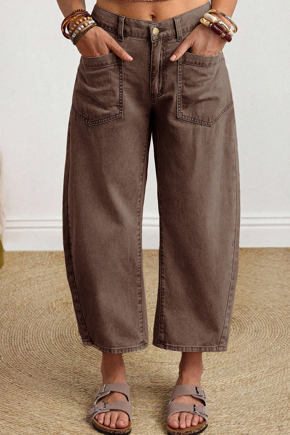 Coffee Solid Color Square Patch Pocket Ankle-length Barrel Jeans view 9