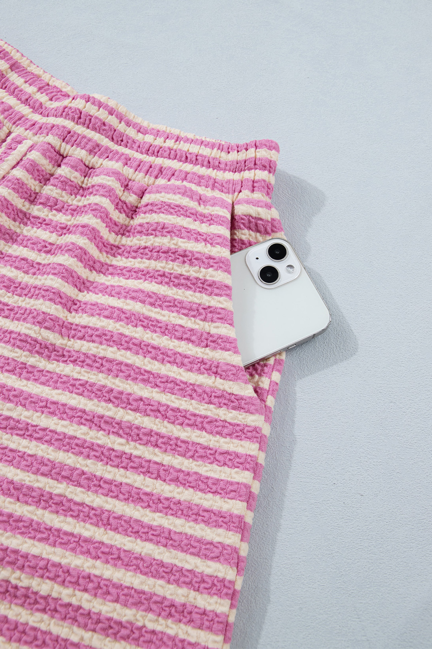 Pink Stripe Textured Contrast Trim Casual Tank and Shorts Set view 17