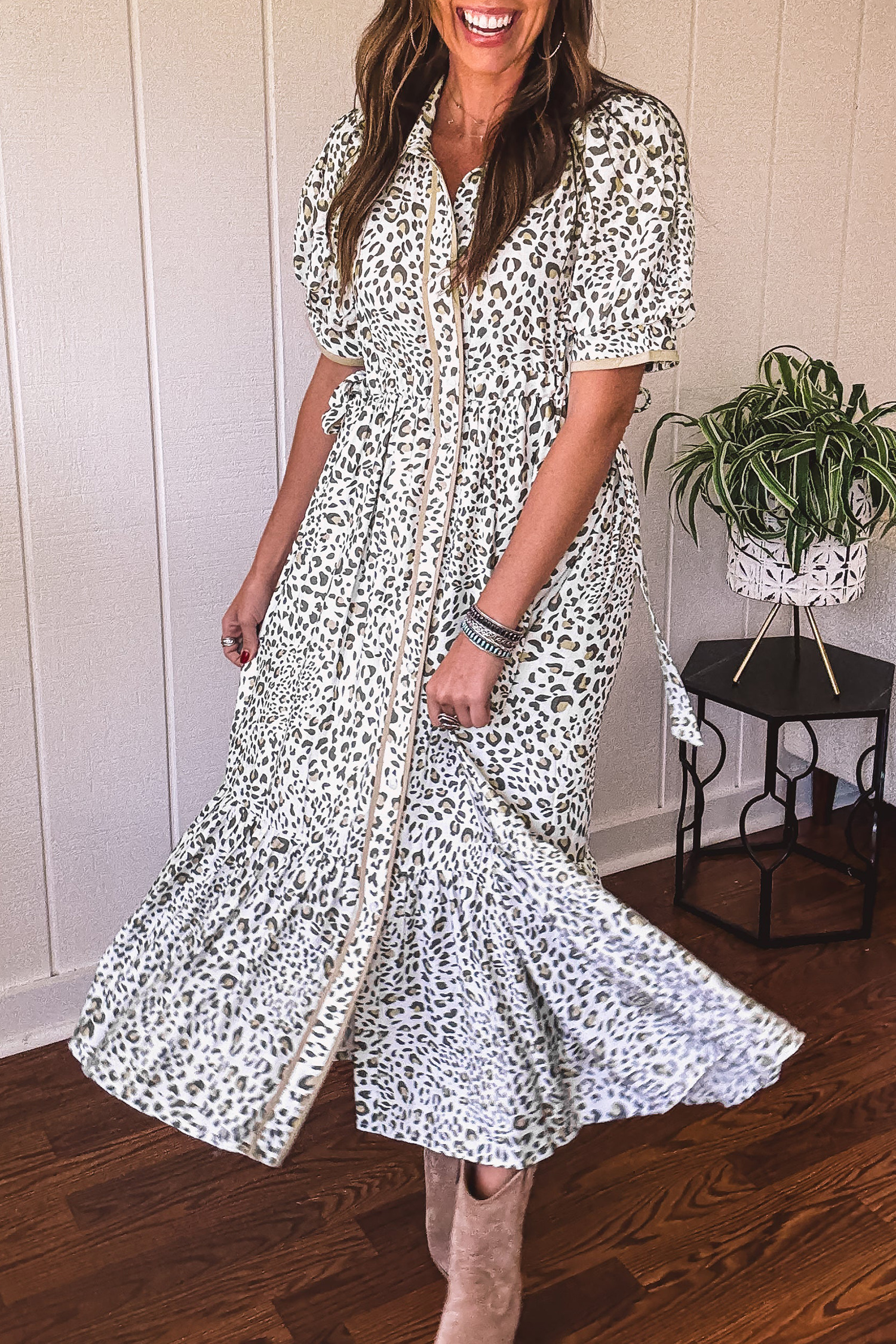 White Leopard Contrast Trim Button Front Short Puff Sleeve Long Dress view 8