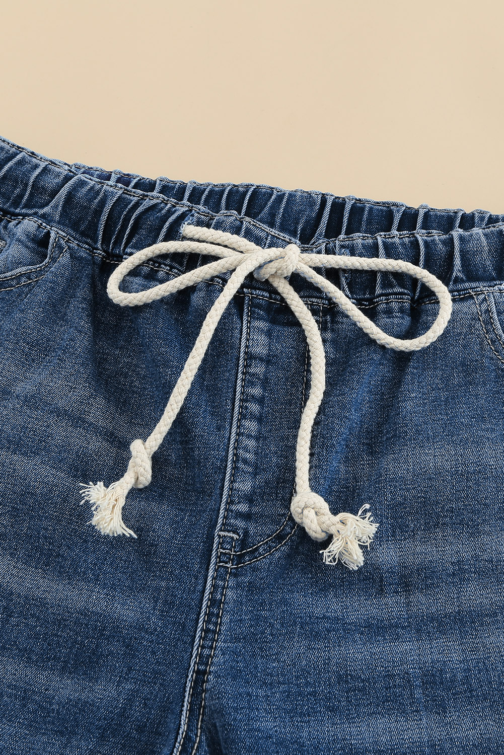 Dark Blue Elastic Waist Straight Leg Destroyed Raw Hem Jeans view 18
