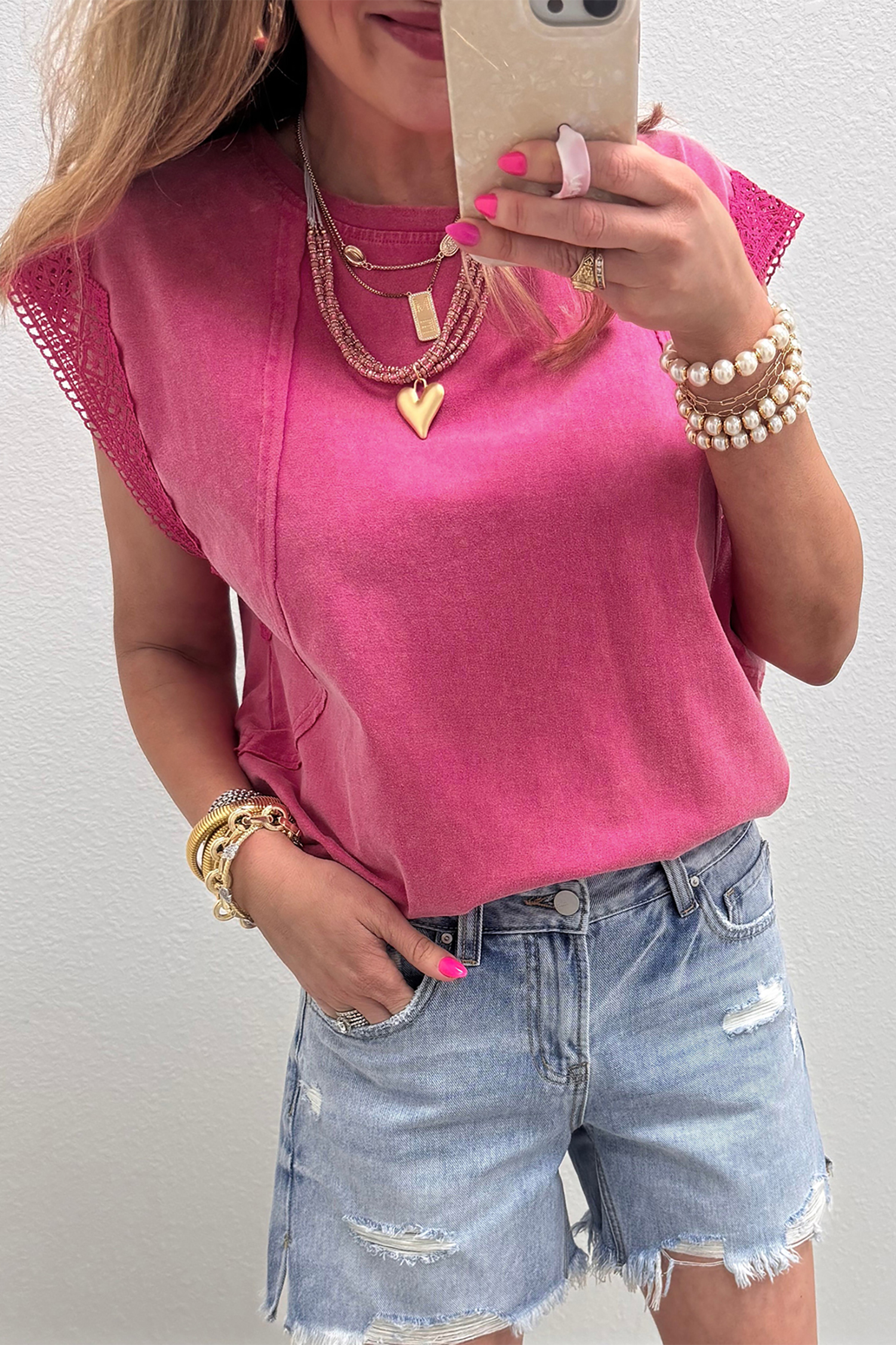 Pink Mineral Wash Raw Seam Detail Lace Trim Cap Sleeve Top view 9