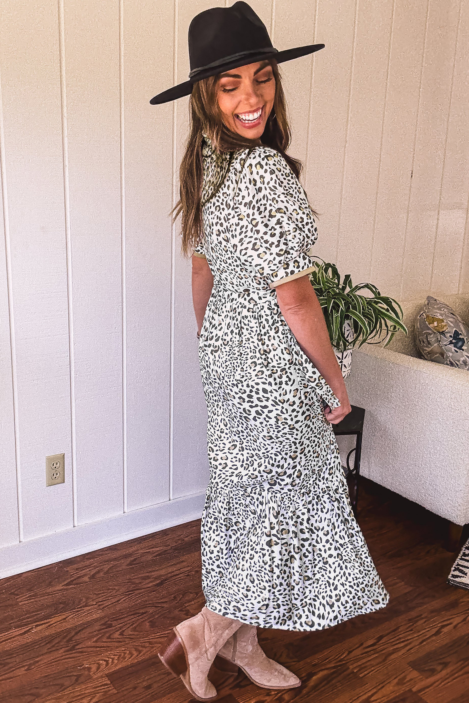 White Leopard Contrast Trim Button Front Short Puff Sleeve Long Dress view 9