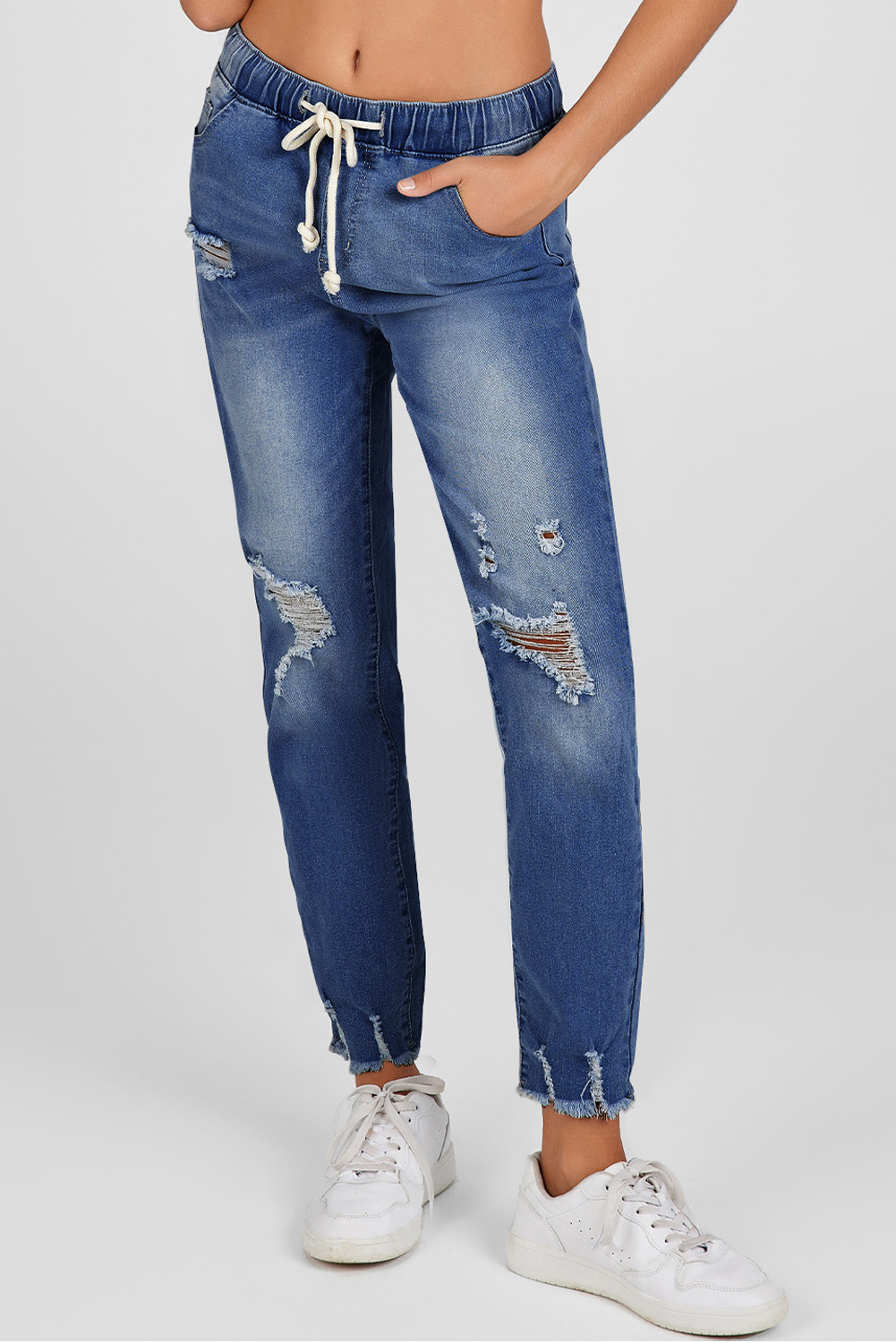 Dark Blue Elastic Waist Straight Leg Destroyed Raw Hem Jeans view 4