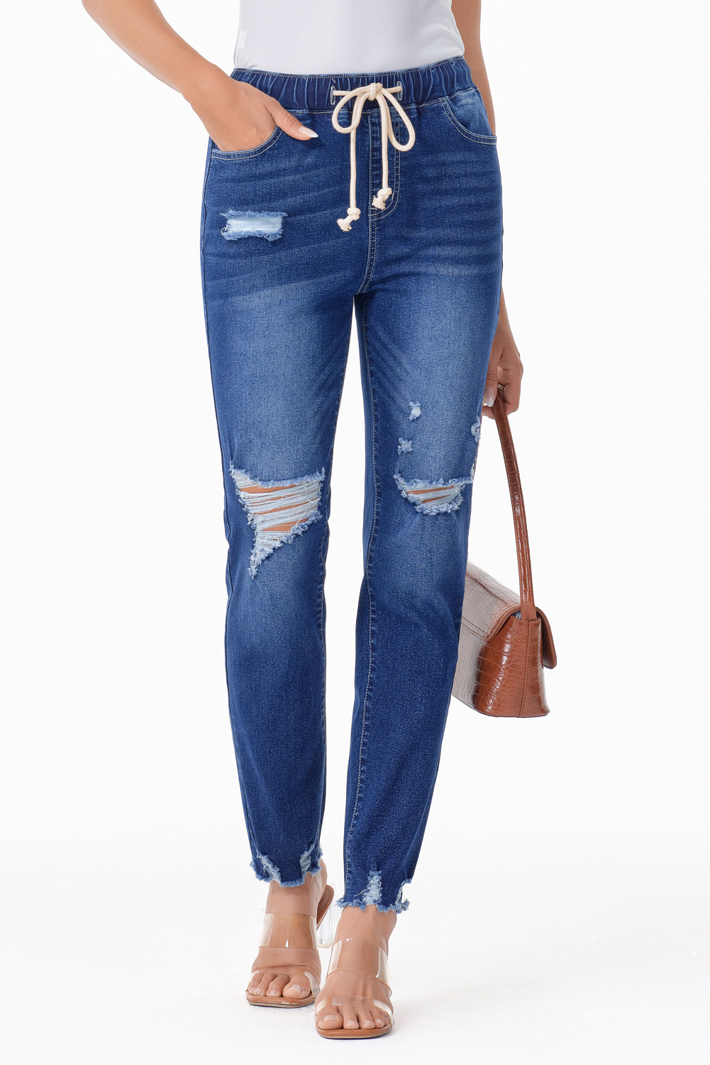 Dark Blue Elastic Waist Straight Leg Destroyed Raw Hem Jeans view 12