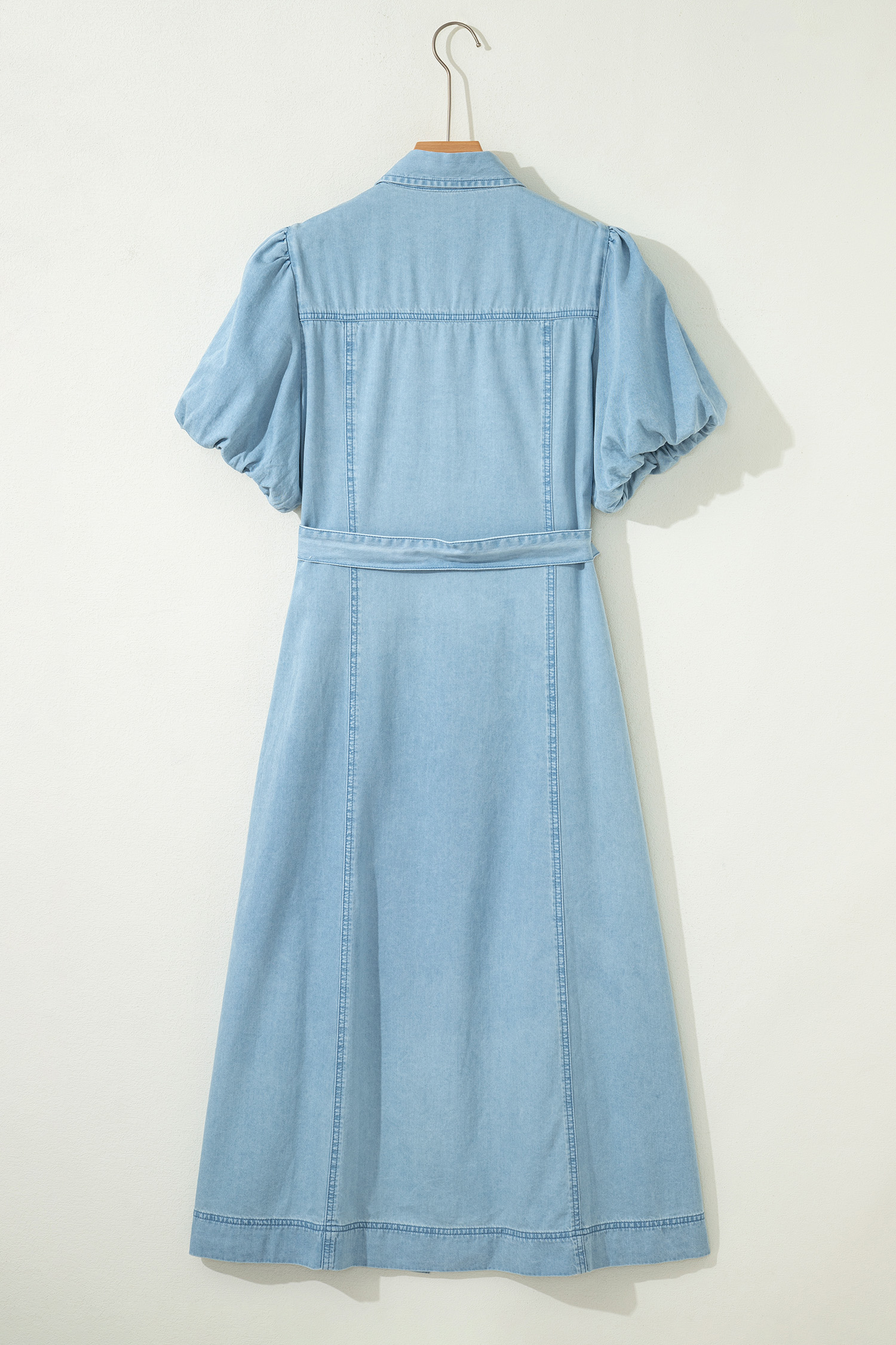 Beau Blue Full Buttons Collared Short Bubble Sleeve Long Denim Dress view 12