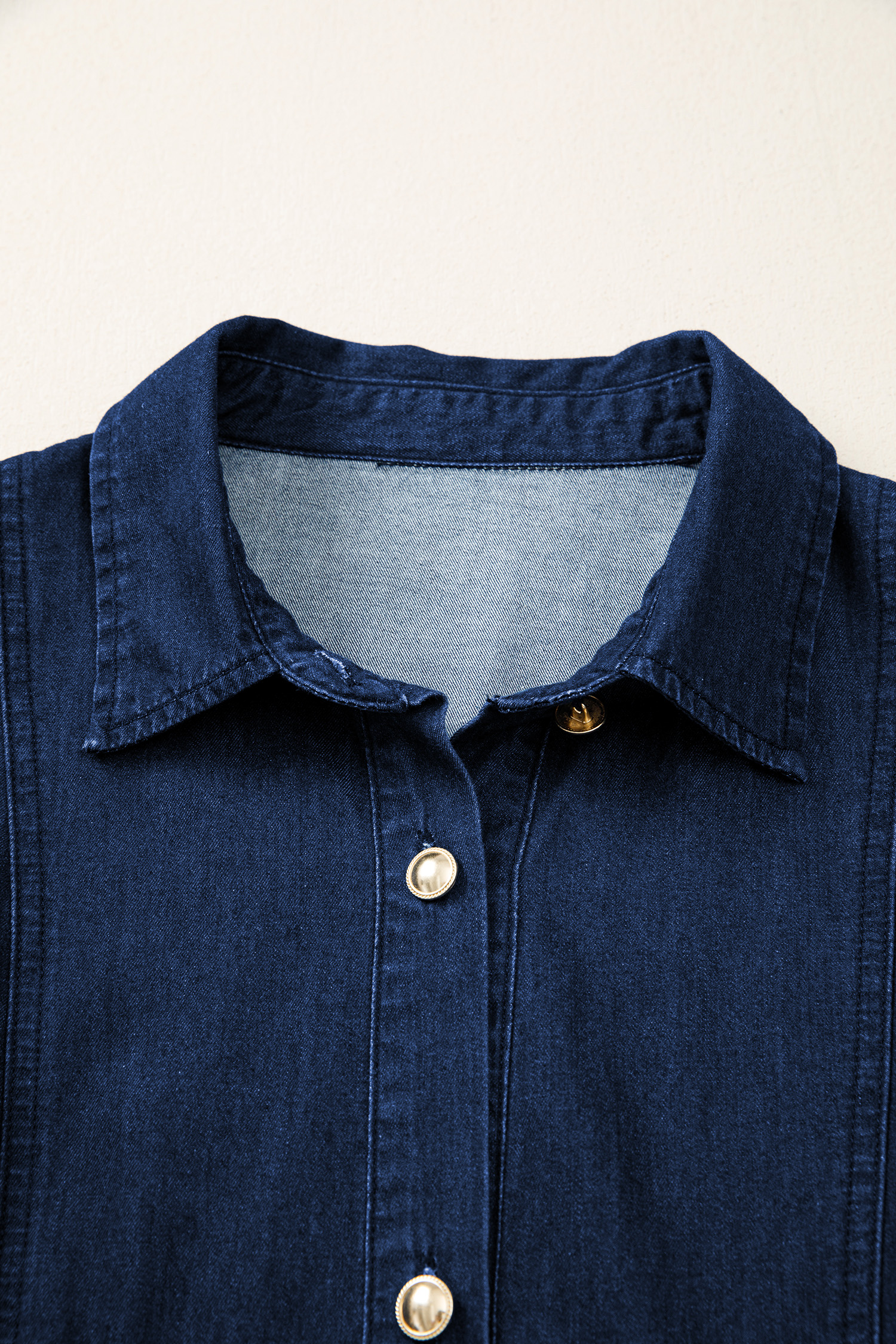 Sail Blue Full Buttons Collared Short Bubble Sleeve Long Denim Dress view 13