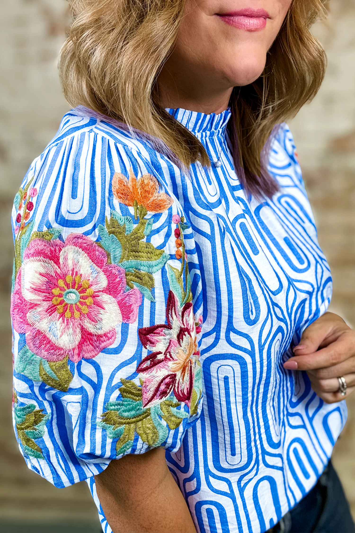 Sky Blue Unique Geometry Print Floral Embroidered Puff Sleeve Blouse view 14