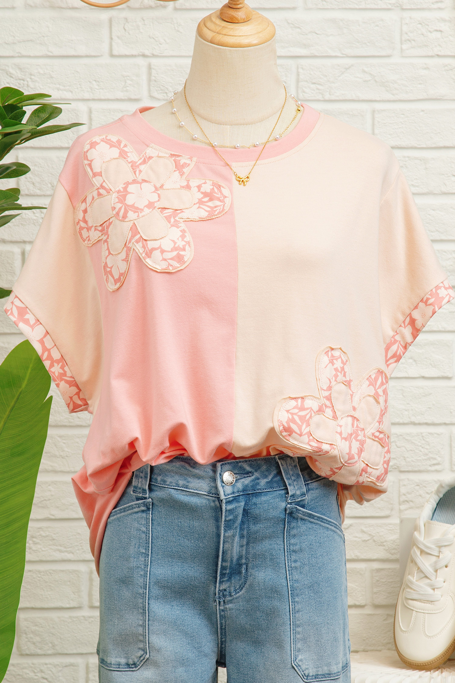 Apricot Color Block Flower Patched Loose T Shirt view 19