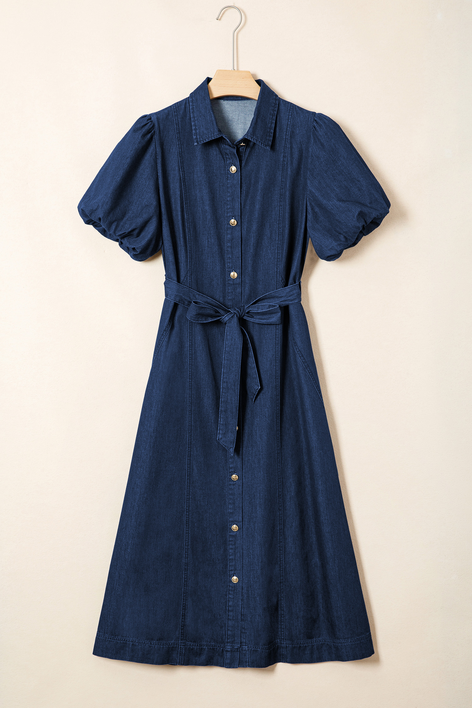 Sail Blue Full Buttons Collared Short Bubble Sleeve Long Denim Dress view 9
