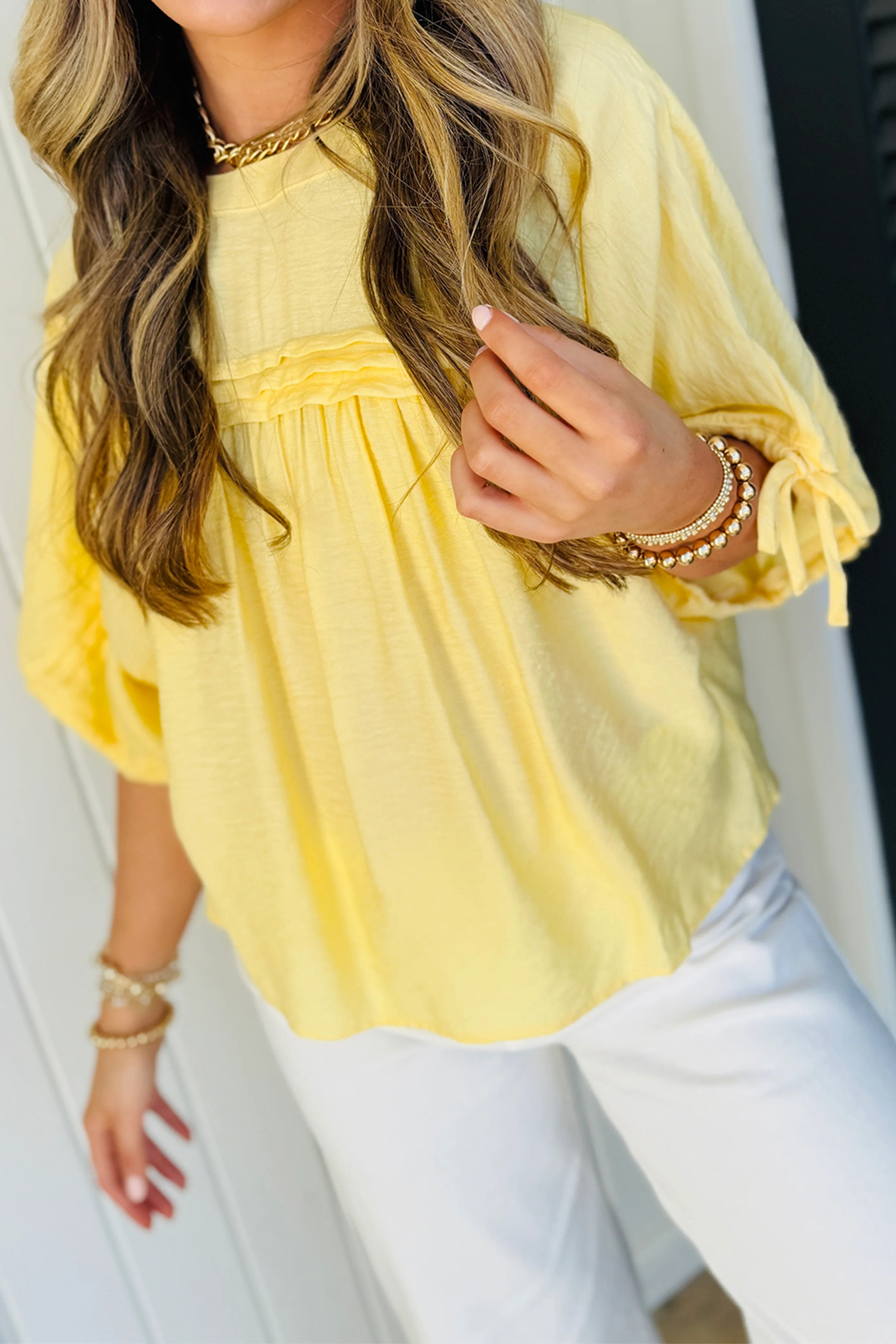 Yellow Cream Tie Half Sleeve Pleated Detail Babydoll Blouse view 4