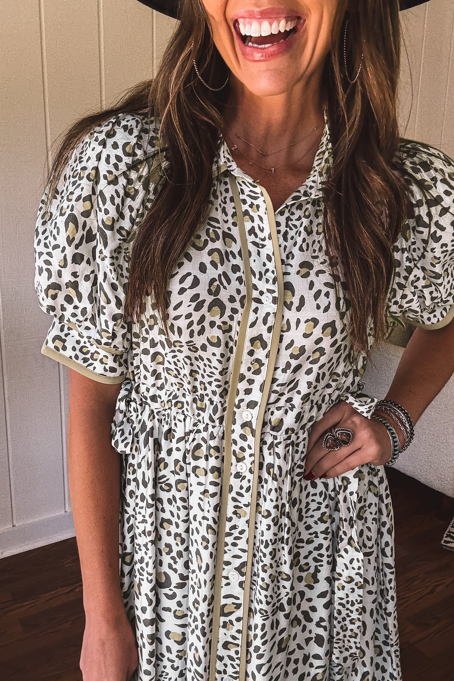 White Leopard Contrast Trim Button Front Short Puff Sleeve Long Dress view 12