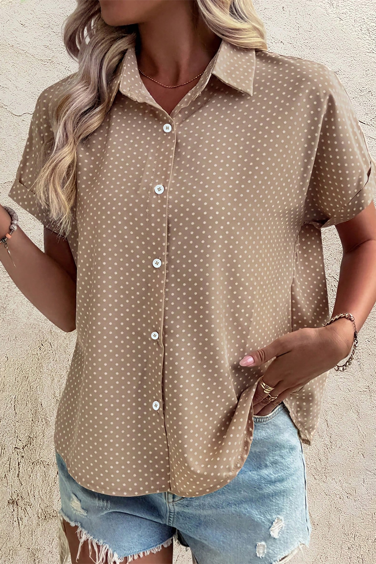 Khaki Dotted Print Cuffed Short Sleeve Shirt view 12