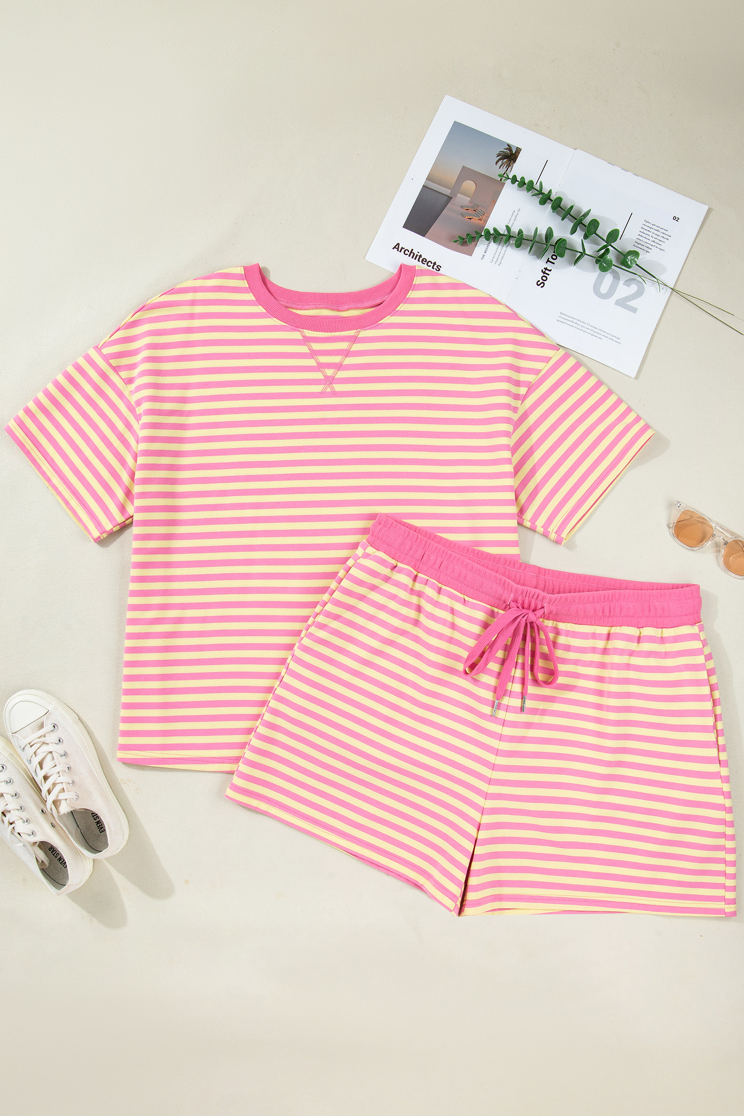 Rose Stripe Boxy Tee Drawstring Elastic Waist Plus Size Short Set