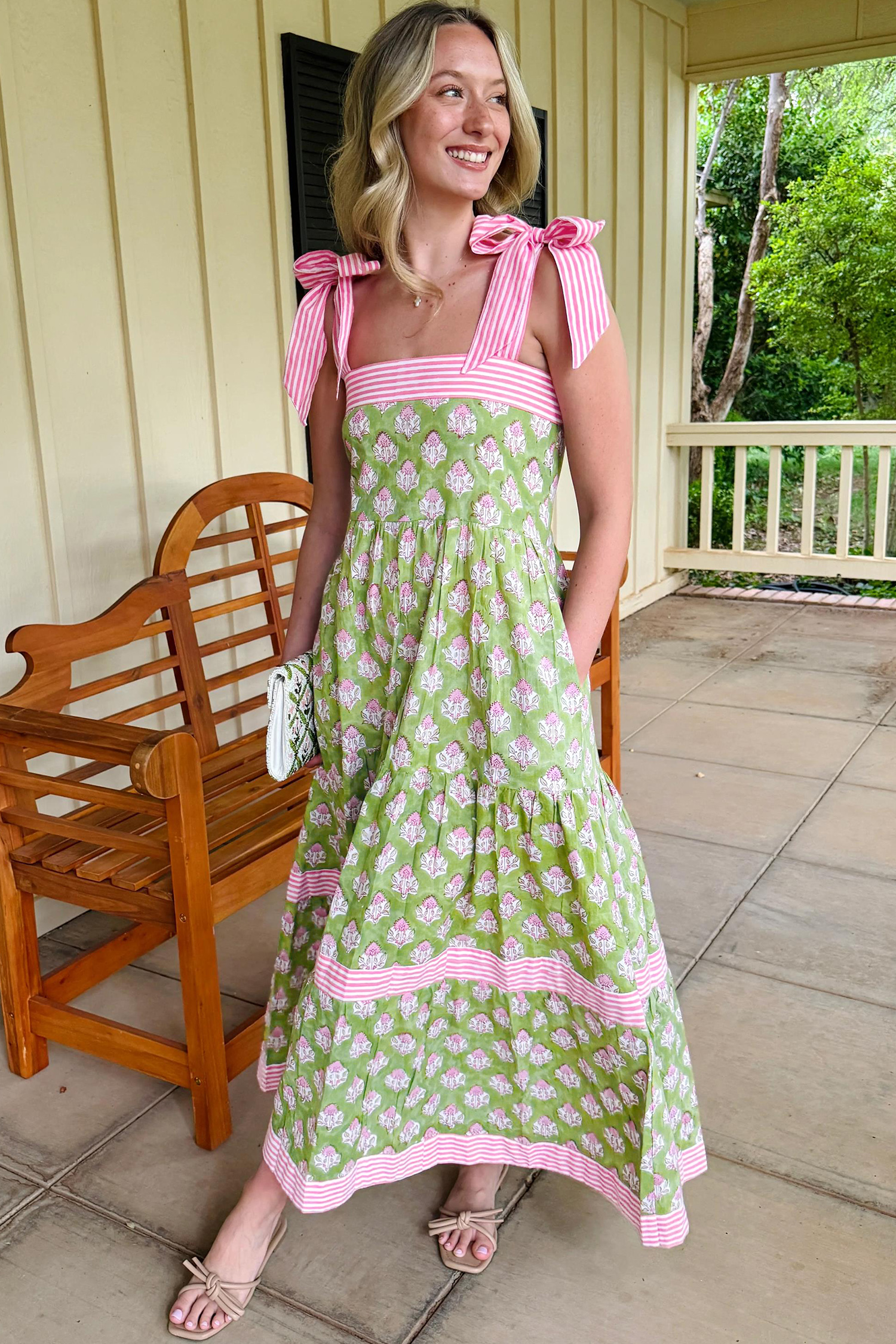 Green Floral Print Striped Detail Knot Straps Maxi Dress view 5