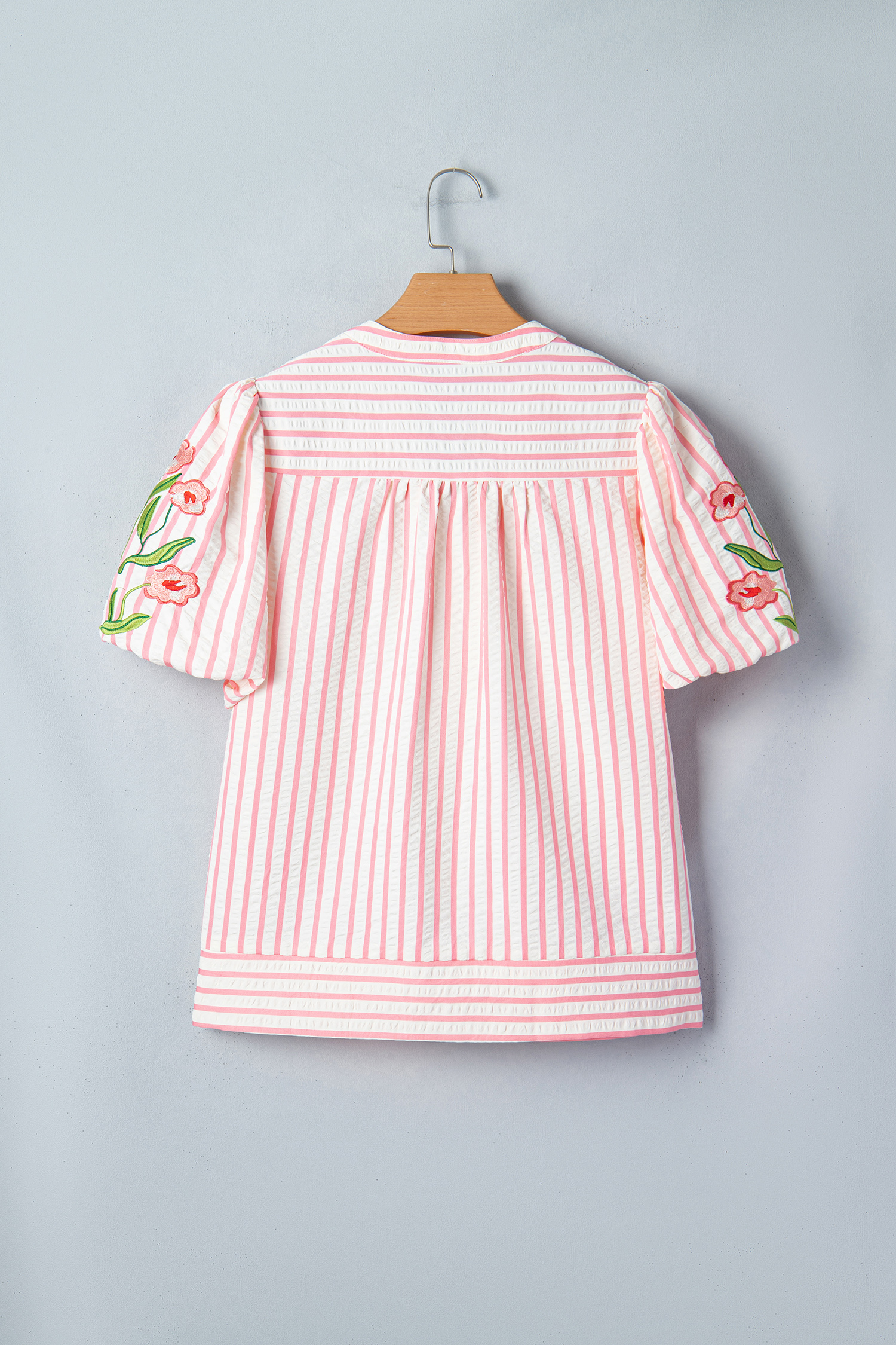 Pink Stripe Print Floral Embroidered Puff Sleeve V Neck Blouse view 15