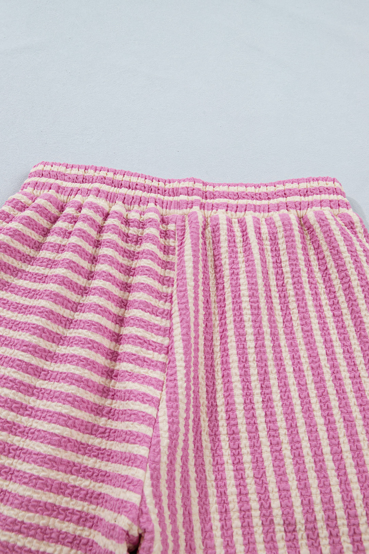 Pink Stripe Textured Contrast Trim Casual Tank and Shorts Set view 19
